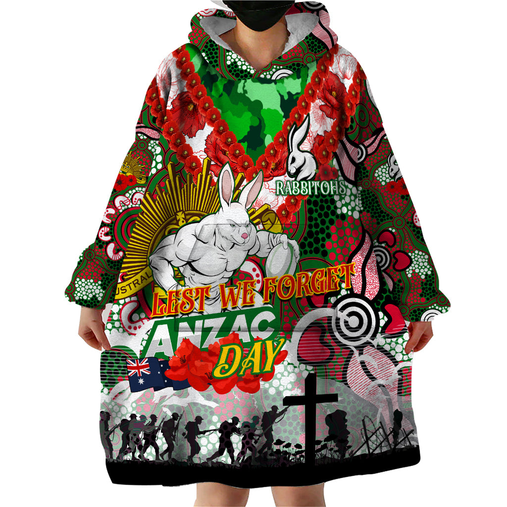 Personalised Rabbitohs ANZAC Day Wearable Blanket Hoodie Aboriginal Rising Sun - Vibe Hoodie Shop