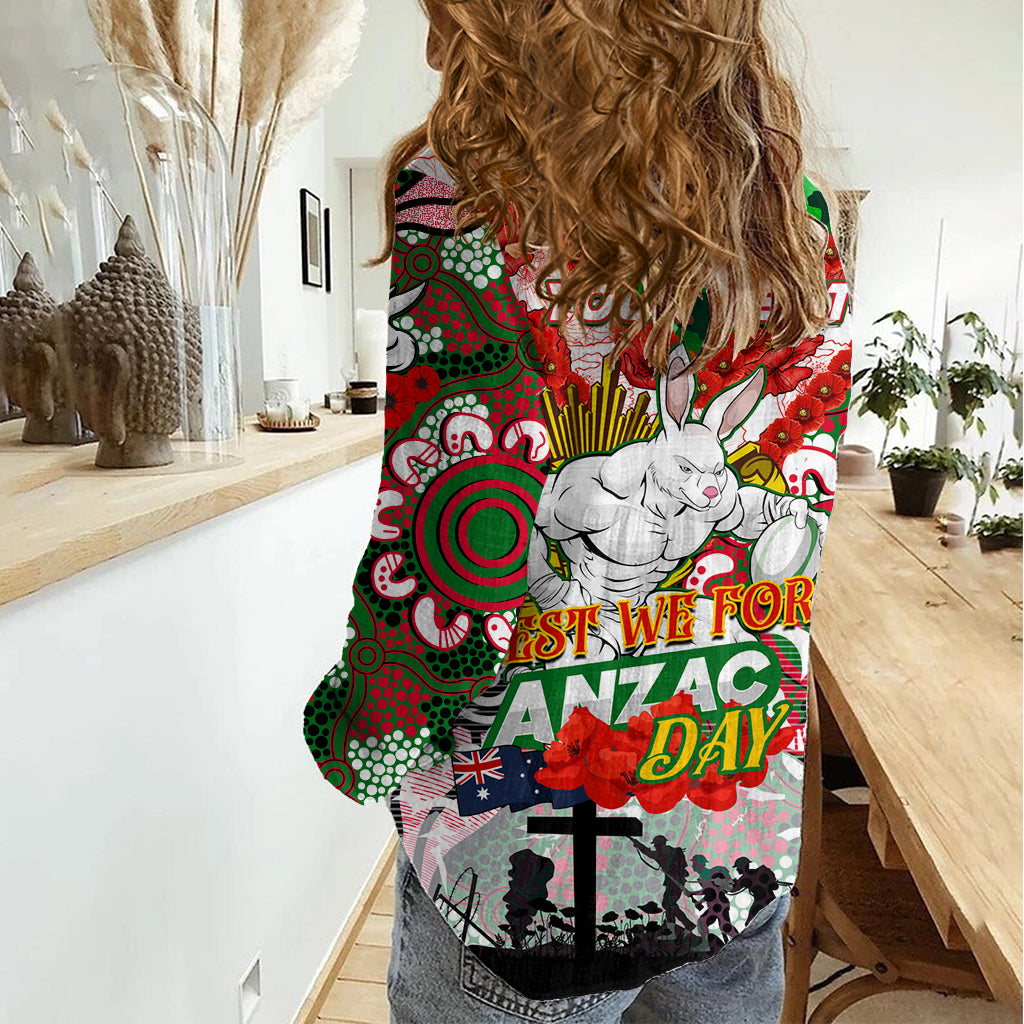 Personalised Rabbitohs ANZAC Day Women Casual Shirt Aboriginal Rising Sun - Vibe Hoodie Shop