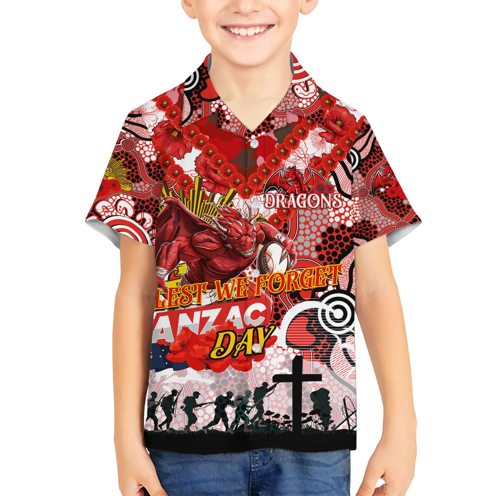 Personalised Dragons ANZAC Day Hawaiian Shirt Aboriginal Rising Sun - Vibe Hoodie Shop