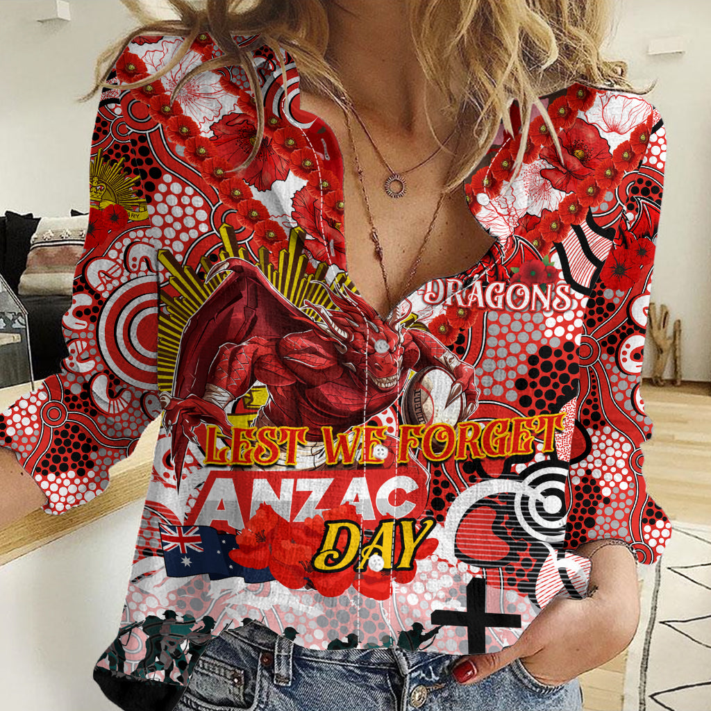 Personalised Dragons ANZAC Day Women Casual Shirt Aboriginal Rising Sun - Vibe Hoodie Shop