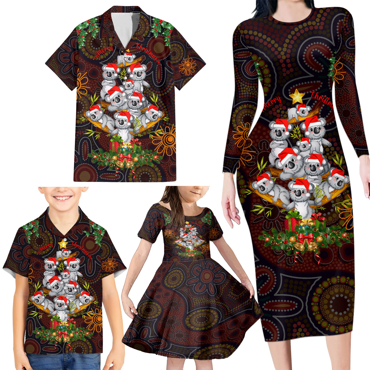 aboriginal-christmas-family-matching-long-sleeve-bodycon-dress-and-hawaiian-shirt-aussie-koala-christmas-tree-with-aboriginal-inspired