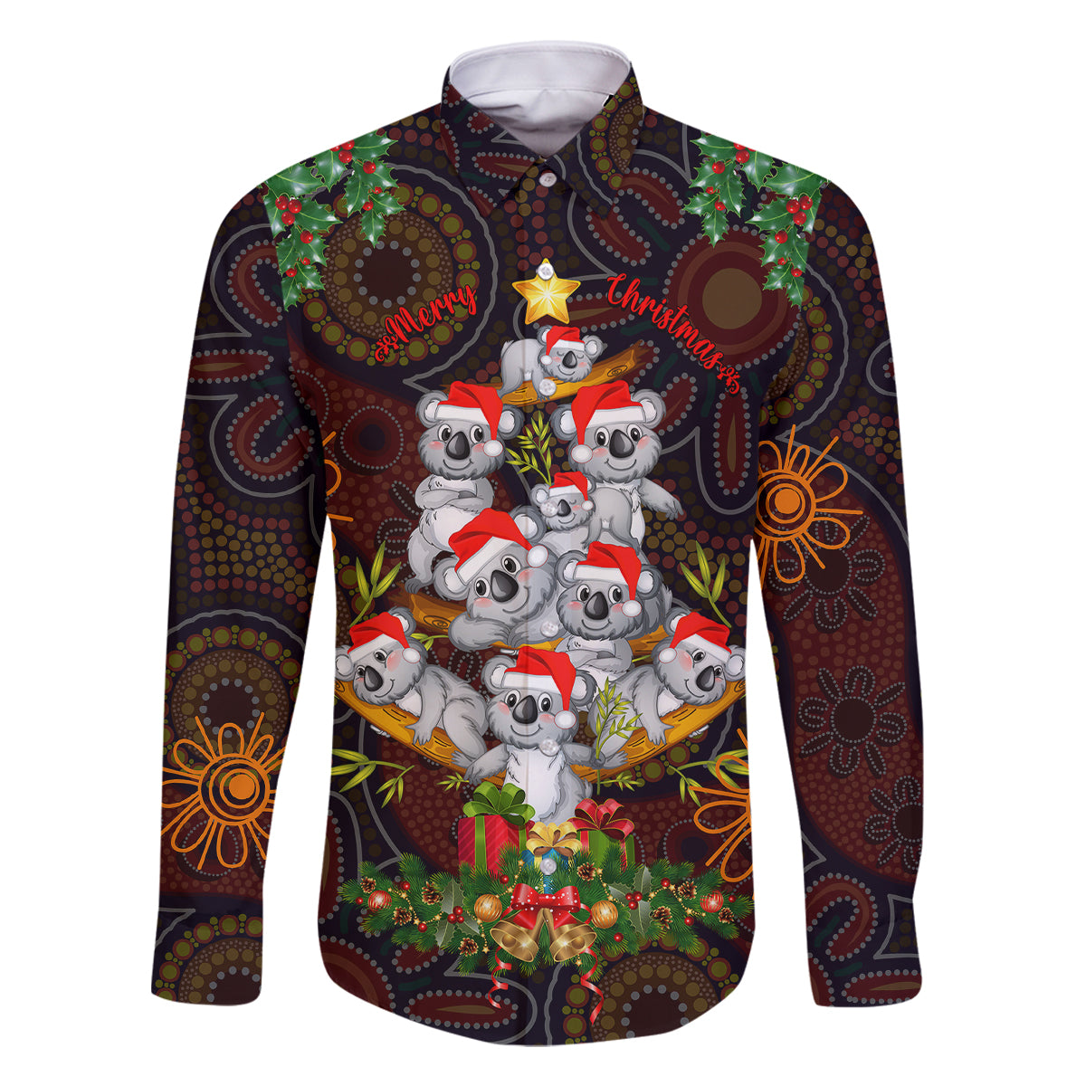 aboriginal-christmas-family-matching-long-sleeve-bodycon-dress-and-hawaiian-shirt-aussie-koala-christmas-tree-with-aboriginal-inspired