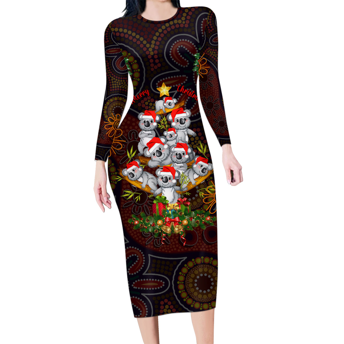 aboriginal-christmas-family-matching-long-sleeve-bodycon-dress-and-hawaiian-shirt-aussie-koala-christmas-tree-with-aboriginal-inspired