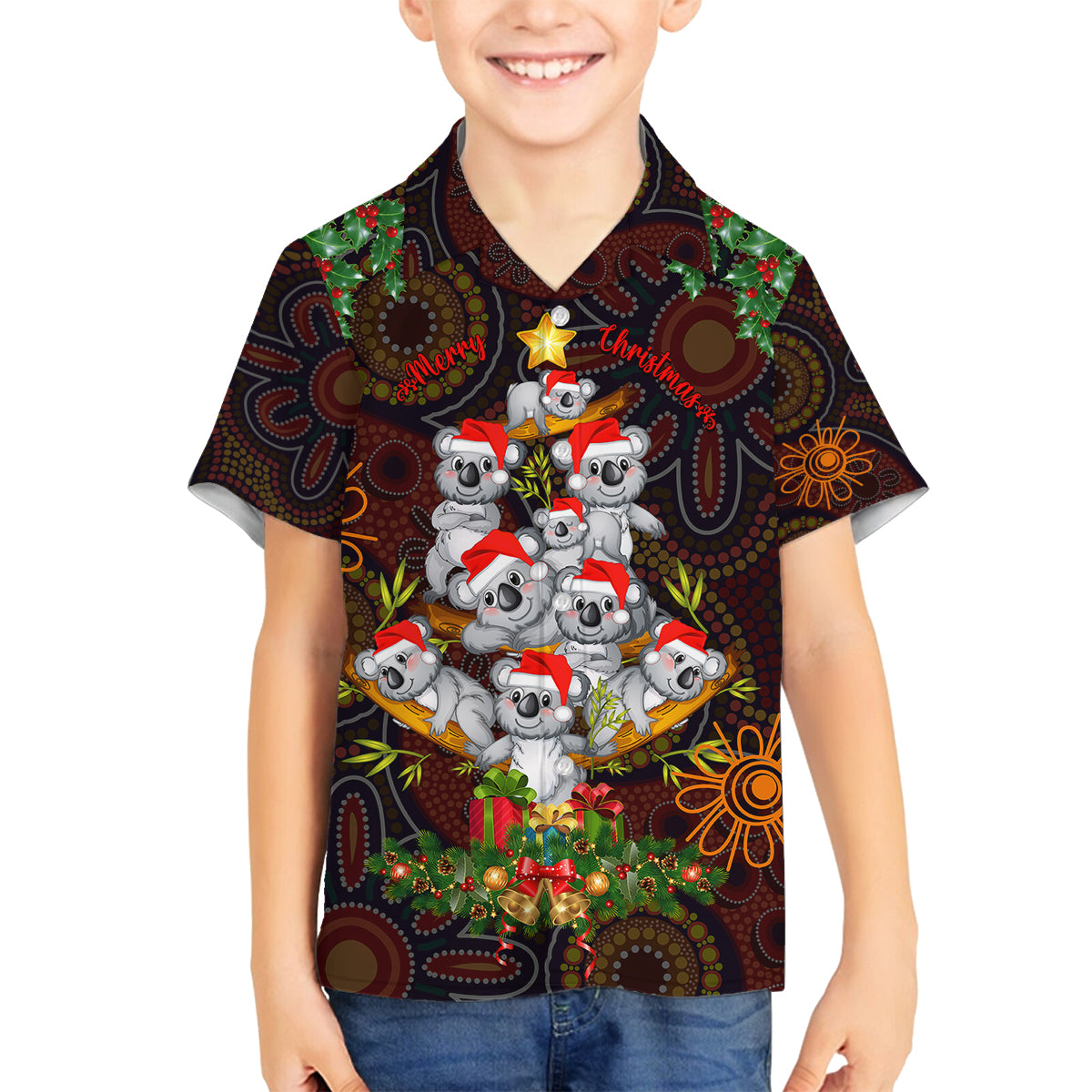 aboriginal-christmas-family-matching-long-sleeve-bodycon-dress-and-hawaiian-shirt-aussie-koala-christmas-tree-with-aboriginal-inspired