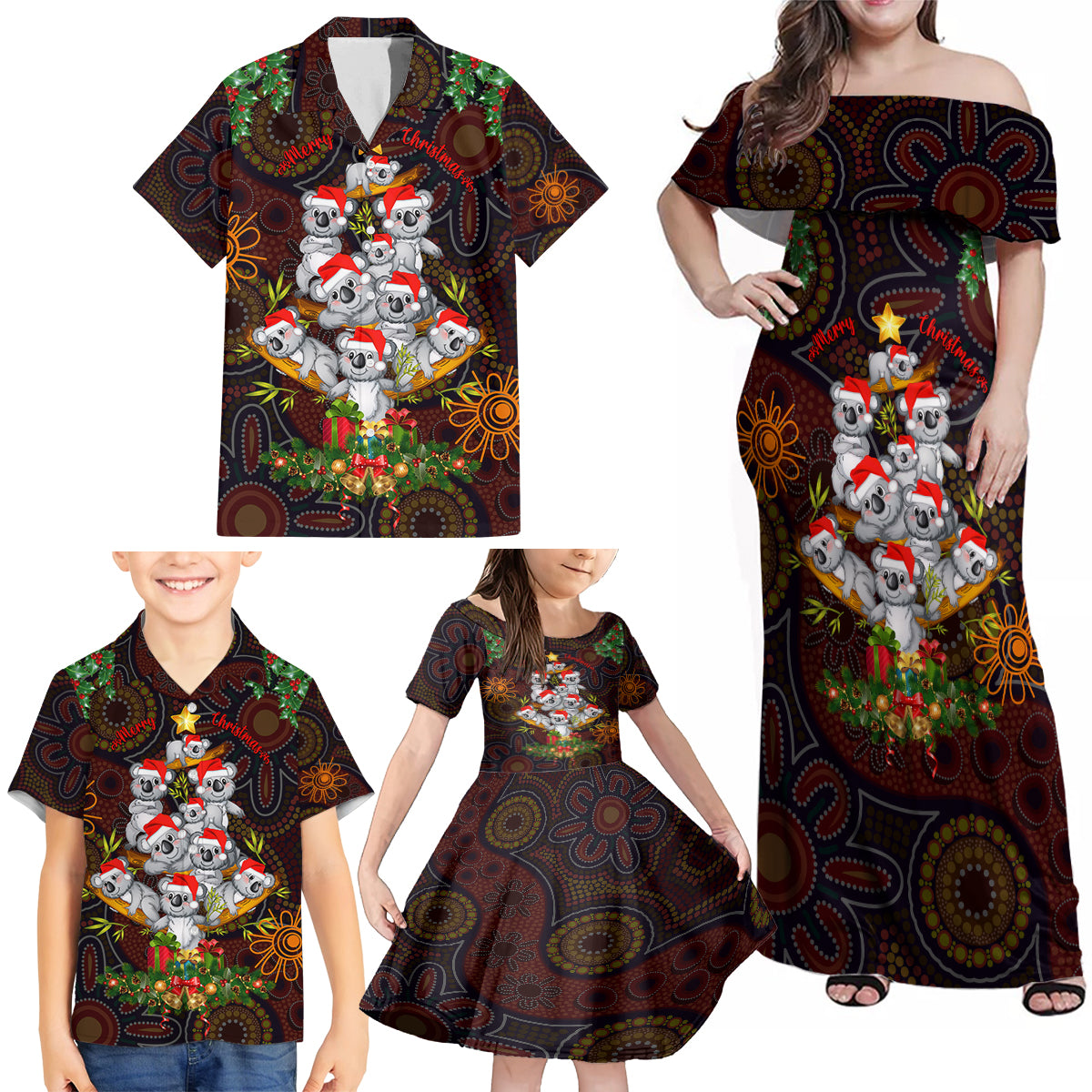 aboriginal-christmas-family-matching-off-shoulder-maxi-dress-and-hawaiian-shirt-aussie-koala-christmas-tree-with-aboriginal-inspired