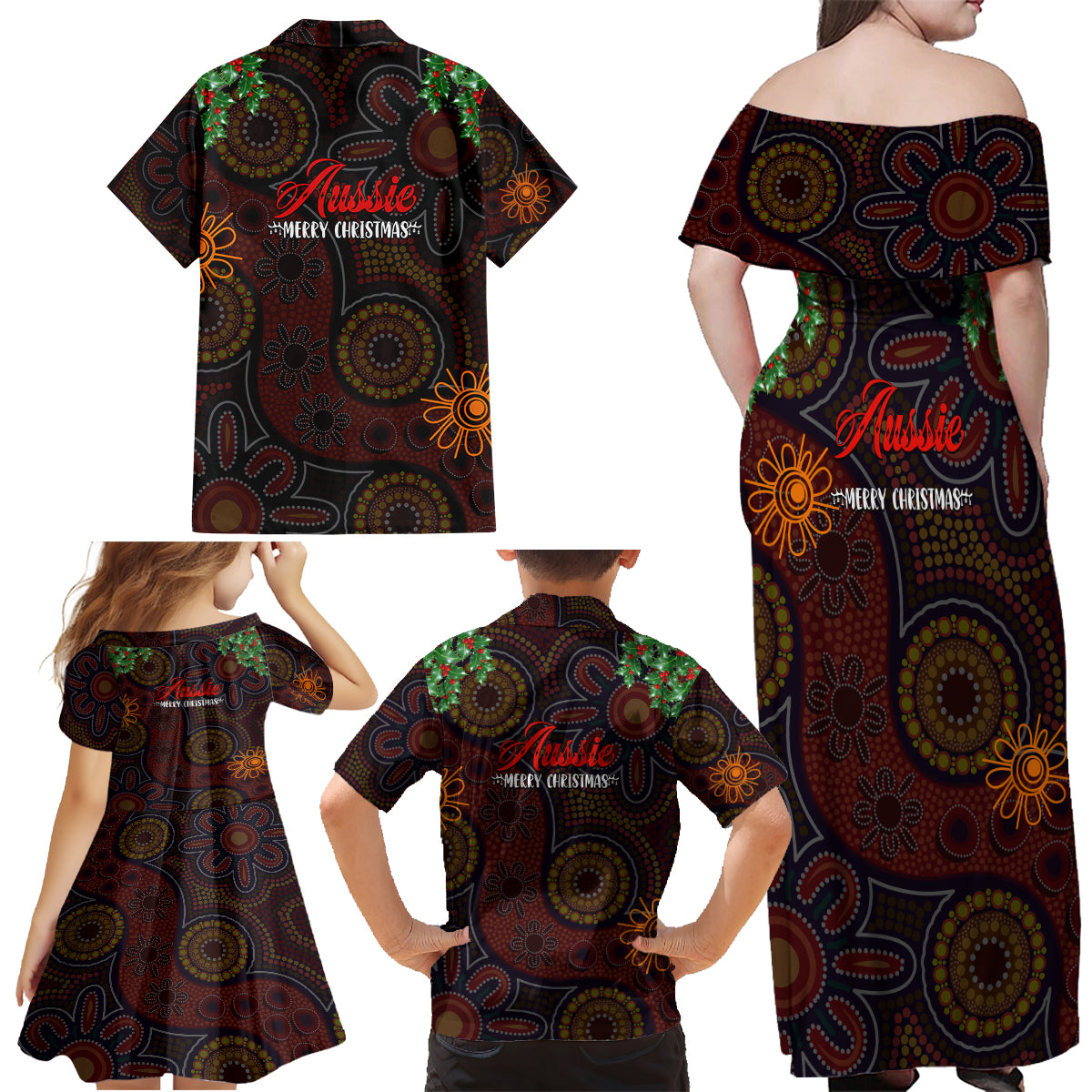 aboriginal-christmas-family-matching-off-shoulder-maxi-dress-and-hawaiian-shirt-aussie-koala-christmas-tree-with-aboriginal-inspired