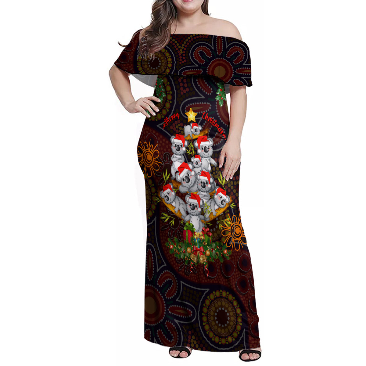 aboriginal-christmas-family-matching-off-shoulder-maxi-dress-and-hawaiian-shirt-aussie-koala-christmas-tree-with-aboriginal-inspired