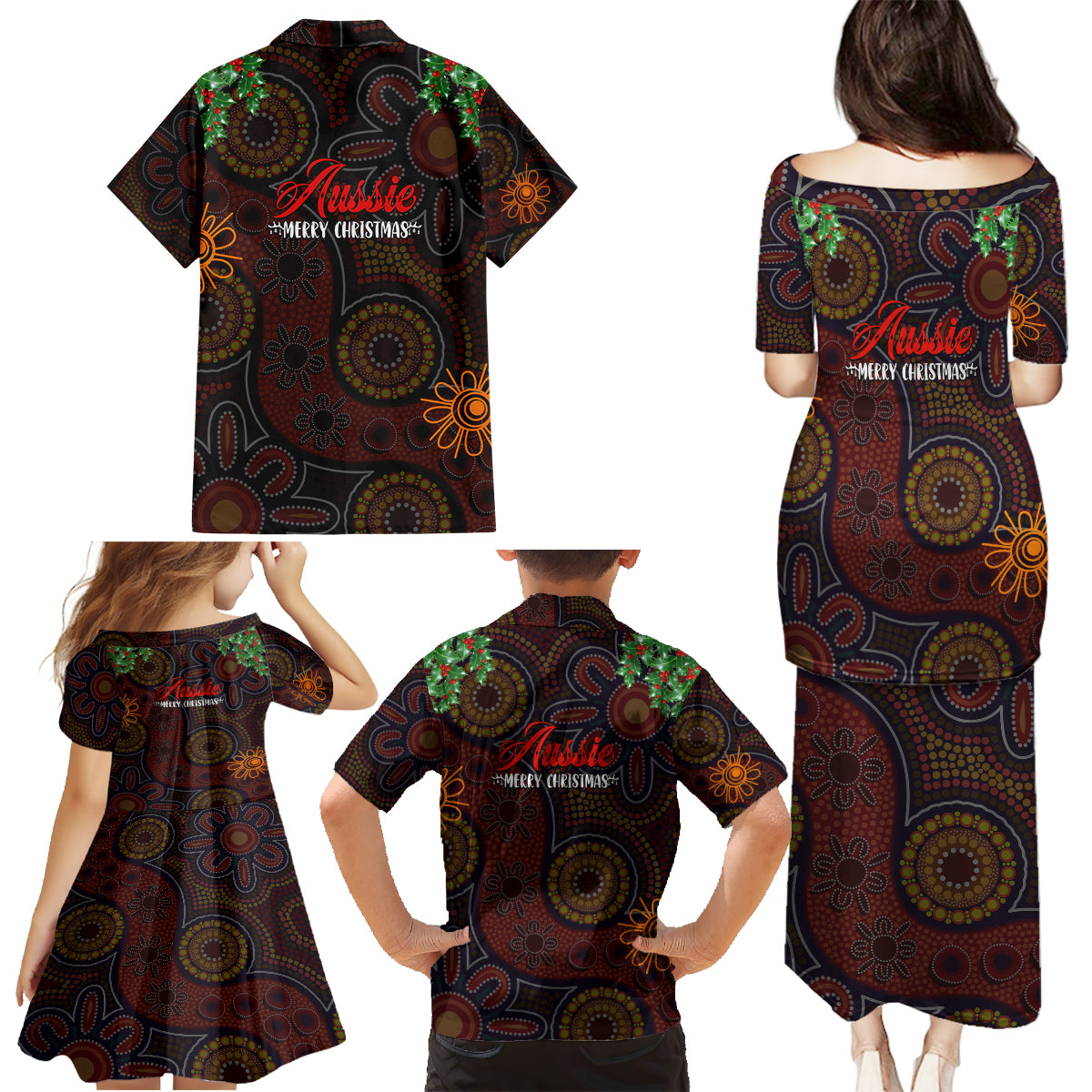 aboriginal-christmas-family-matching-puletasi-dress-and-hawaiian-shirt-aussie-koala-christmas-tree-with-aboriginal-inspired