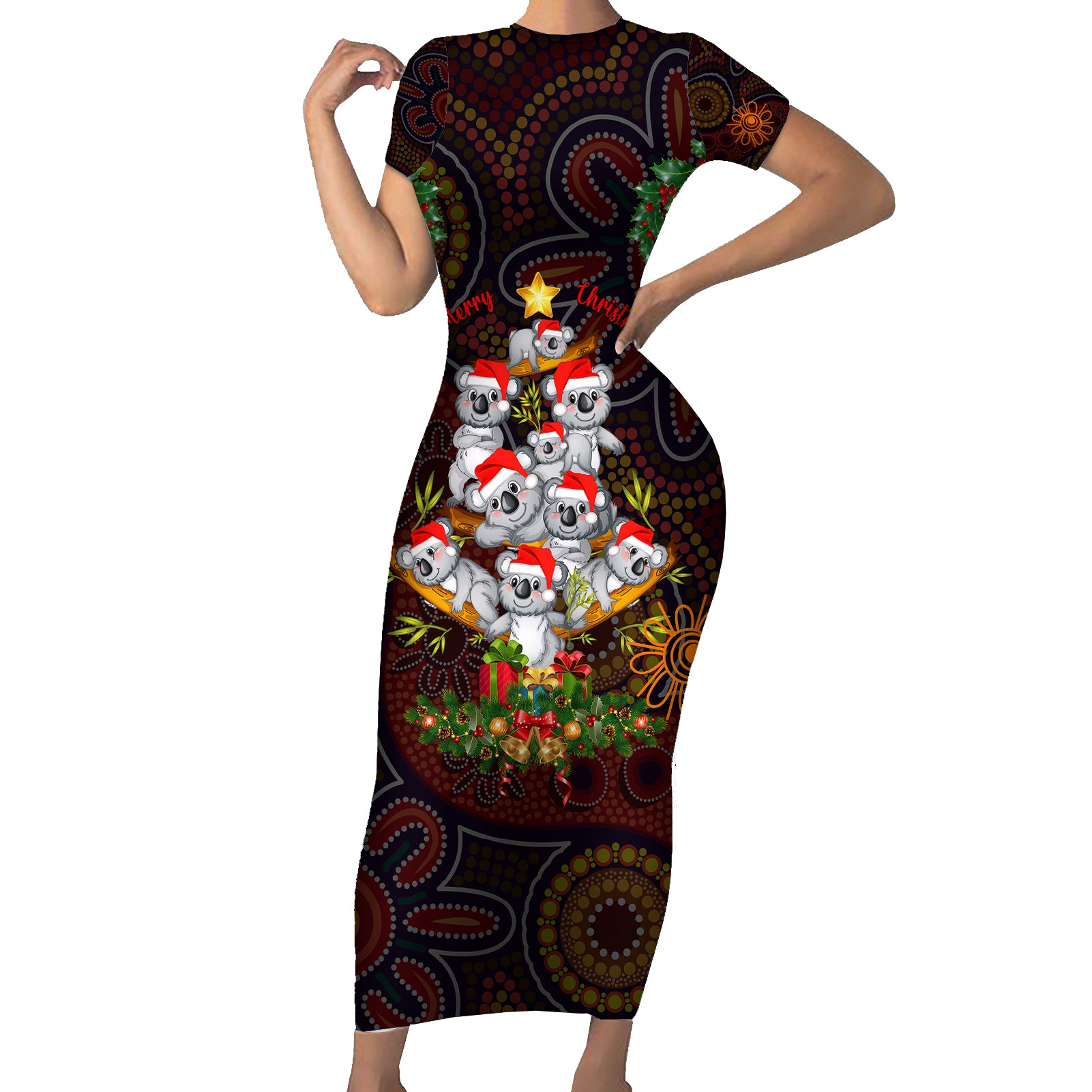 aboriginal-christmas-family-matching-short-sleeve-bodycon-dress-and-hawaiian-shirt-aussie-koala-christmas-tree-with-aboriginal-inspired