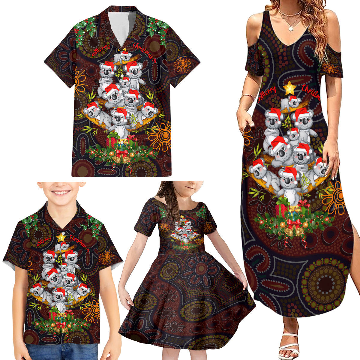 aboriginal-christmas-family-matching-summer-maxi-dress-and-hawaiian-shirt-aussie-koala-christmas-tree-with-aboriginal-inspired