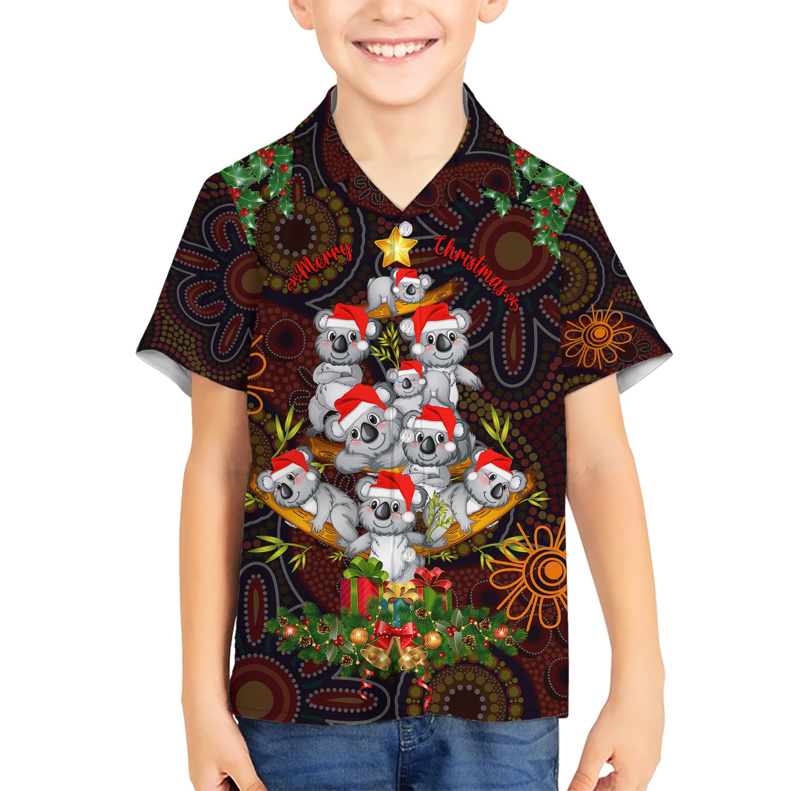 Aboriginal Christmas Hawaiian Shirt Aussie Koala Christmas Tree with Aboriginal Inspired - Vibe Hoodie Shop