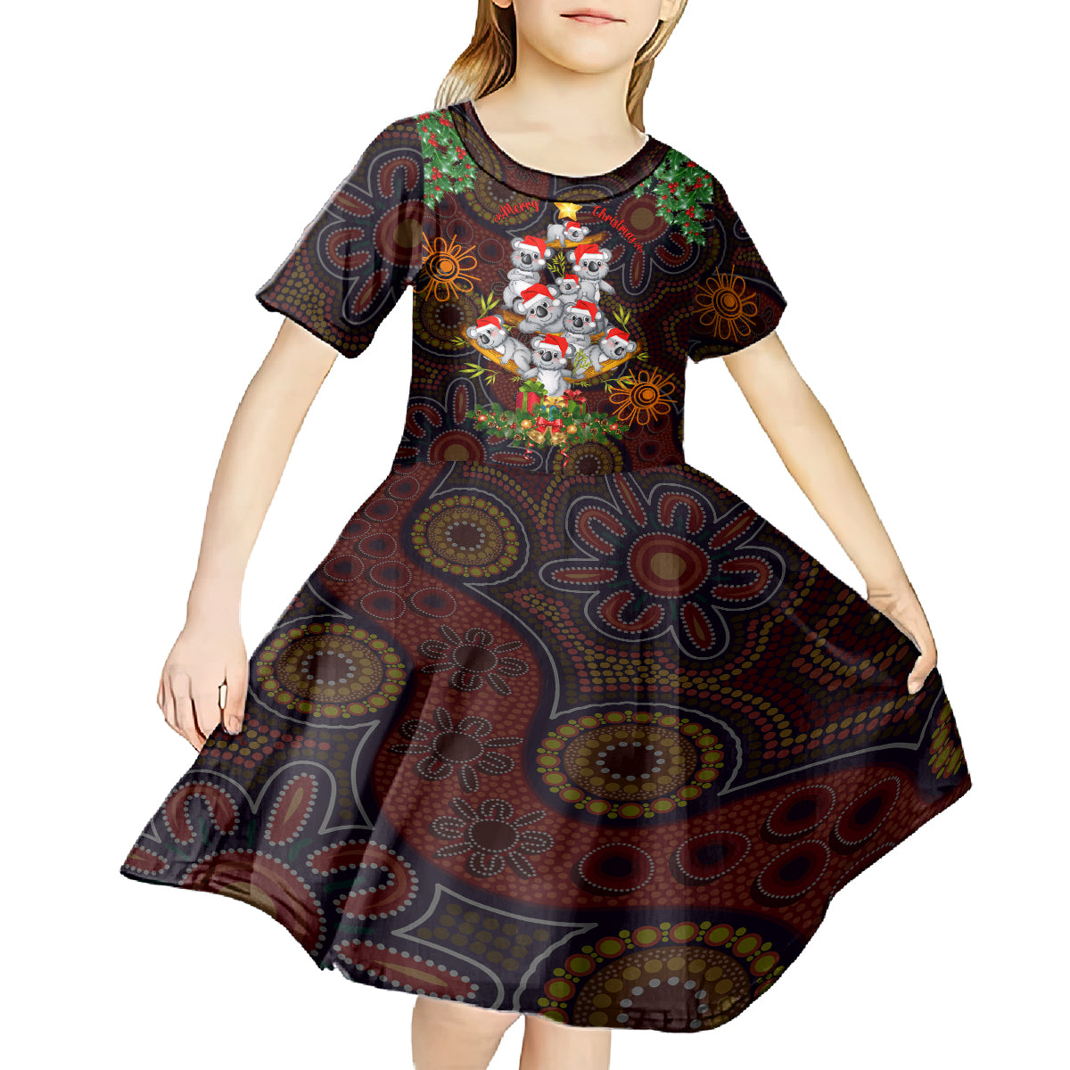 Aboriginal Christmas Kid Short Sleeve Dress Aussie Koala Christmas Tree with Aboriginal Inspired - Vibe Hoodie Shop