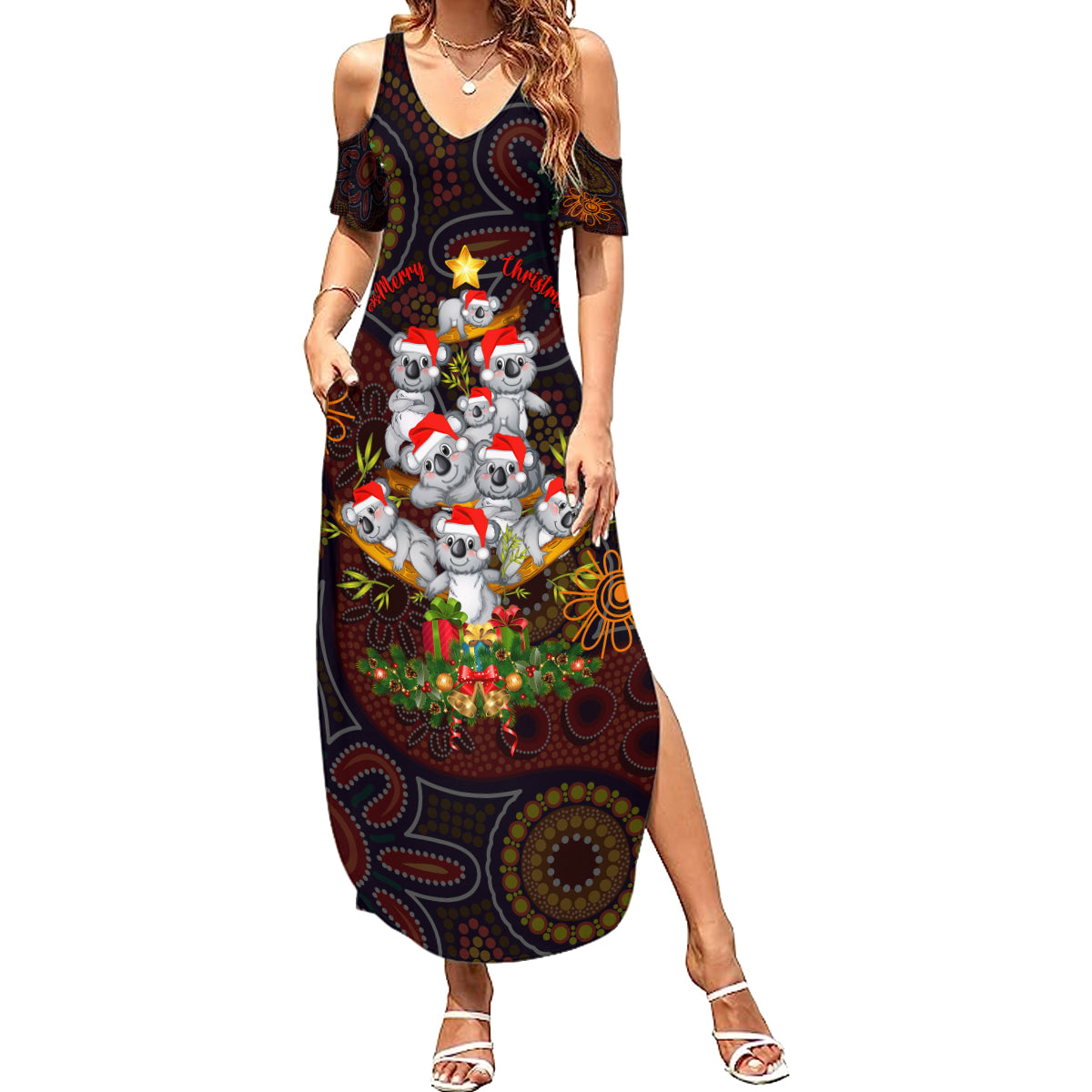 aboriginal-christmas-summer-maxi-dress-aussie-koala-christmas-tree-with-aboriginal-inspired