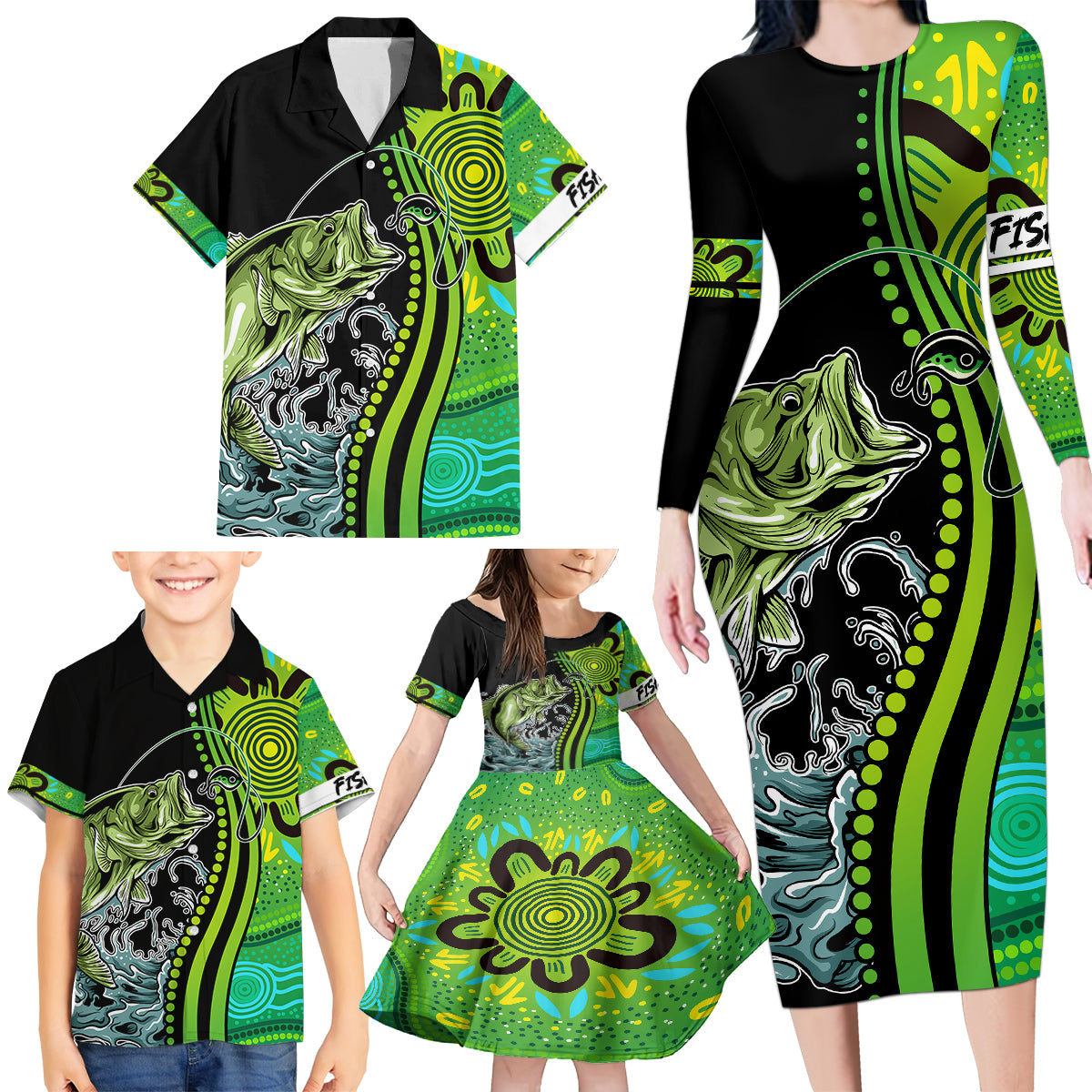 australia-fishing-family-matching-long-sleeve-bodycon-dress-and-hawaiian-shirt-aboriginal-rise-and-shine-a-bass-fish-jumps-out-of-water-and-aboriginal-patterns-inspired