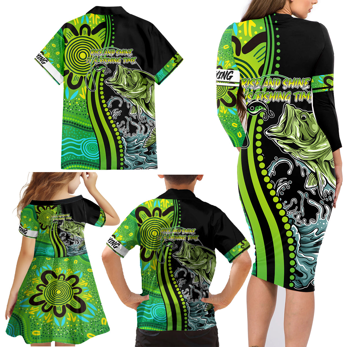 australia-fishing-family-matching-long-sleeve-bodycon-dress-and-hawaiian-shirt-aboriginal-rise-and-shine-a-bass-fish-jumps-out-of-water-and-aboriginal-patterns-inspired