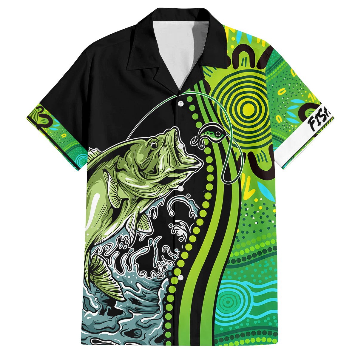 australia-fishing-family-matching-long-sleeve-bodycon-dress-and-hawaiian-shirt-aboriginal-rise-and-shine-a-bass-fish-jumps-out-of-water-and-aboriginal-patterns-inspired