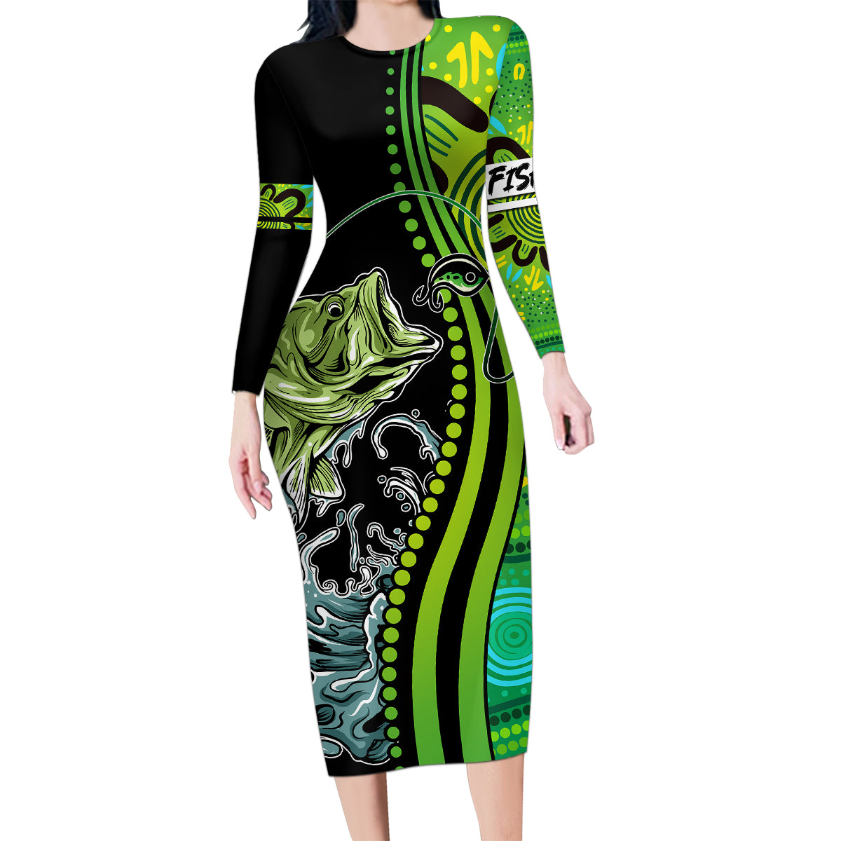 australia-fishing-family-matching-long-sleeve-bodycon-dress-and-hawaiian-shirt-aboriginal-rise-and-shine-a-bass-fish-jumps-out-of-water-and-aboriginal-patterns-inspired