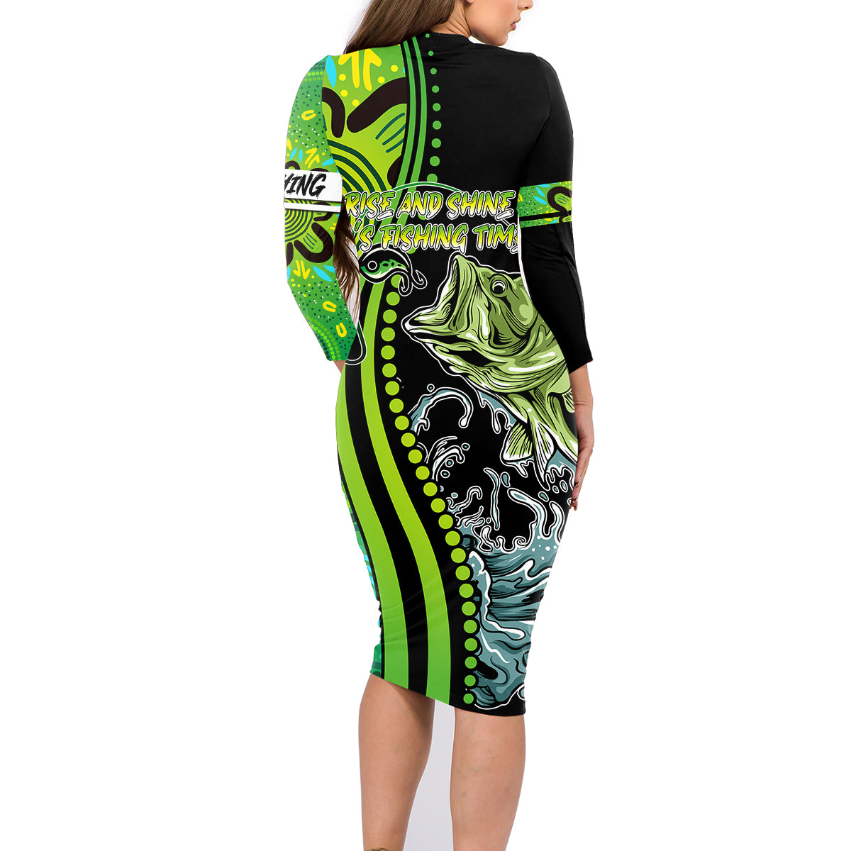 australia-fishing-family-matching-long-sleeve-bodycon-dress-and-hawaiian-shirt-aboriginal-rise-and-shine-a-bass-fish-jumps-out-of-water-and-aboriginal-patterns-inspired