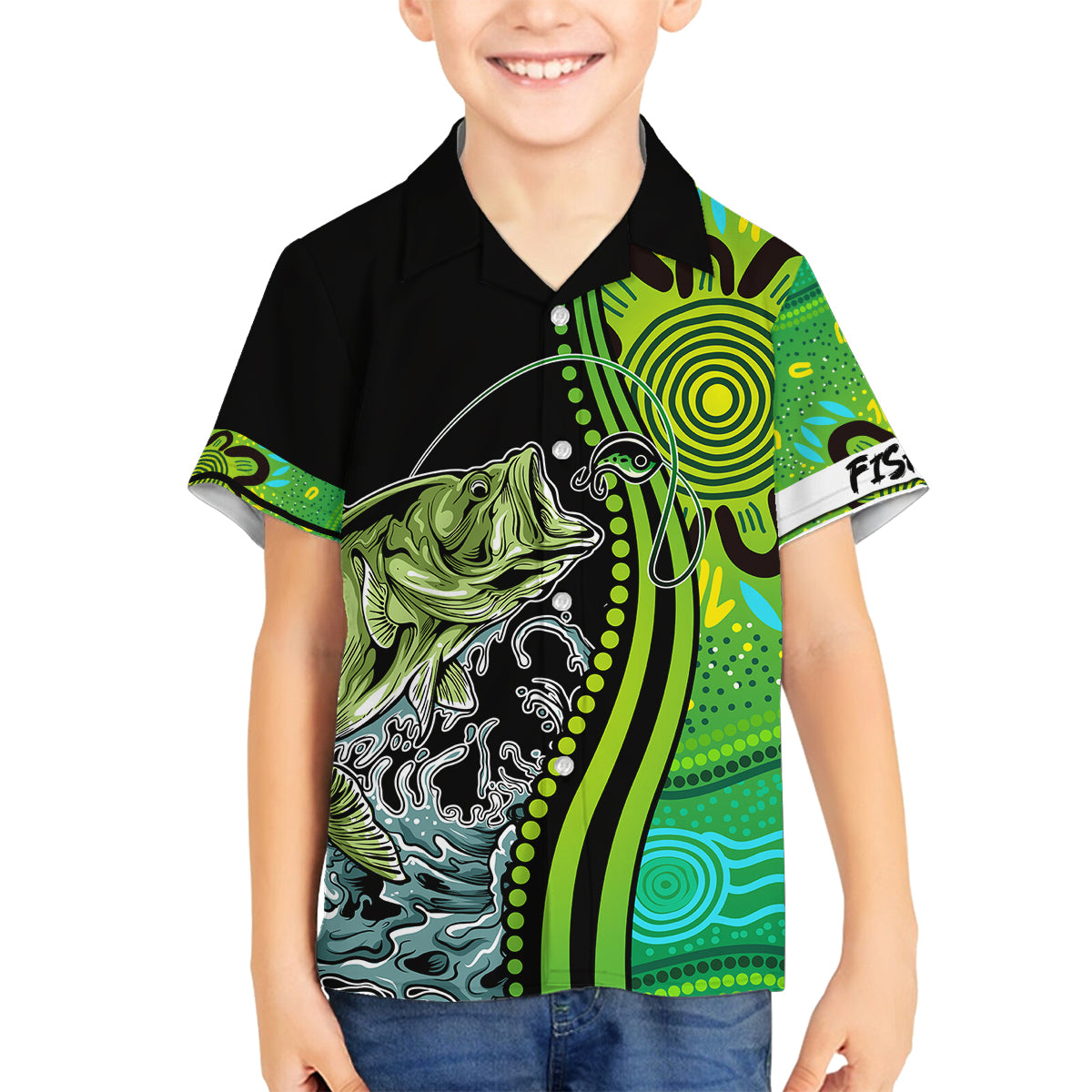 australia-fishing-family-matching-long-sleeve-bodycon-dress-and-hawaiian-shirt-aboriginal-rise-and-shine-a-bass-fish-jumps-out-of-water-and-aboriginal-patterns-inspired