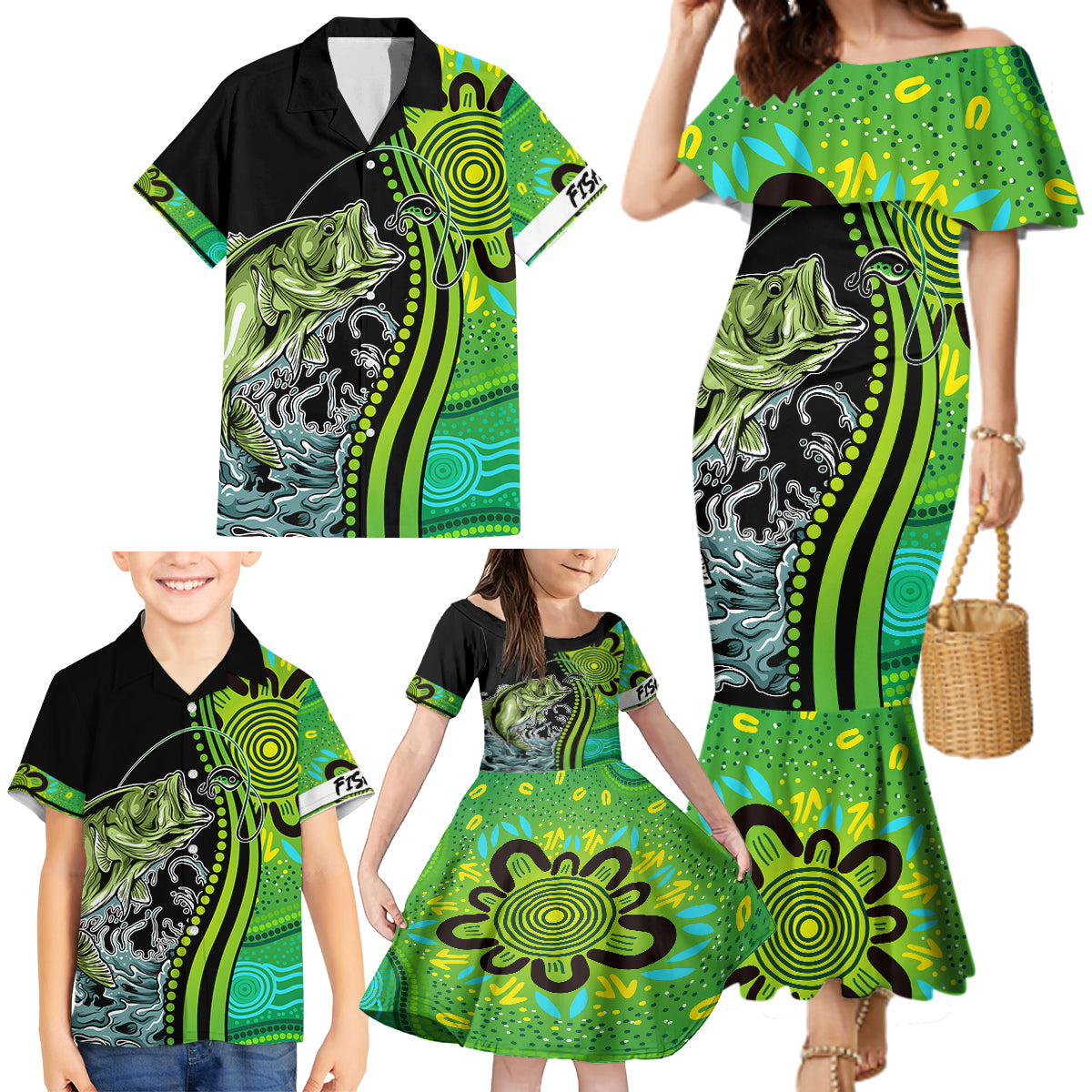 australia-fishing-family-matching-mermaid-dress-and-hawaiian-shirt-aboriginal-rise-and-shine-a-bass-fish-jumps-out-of-water-and-aboriginal-patterns-inspired