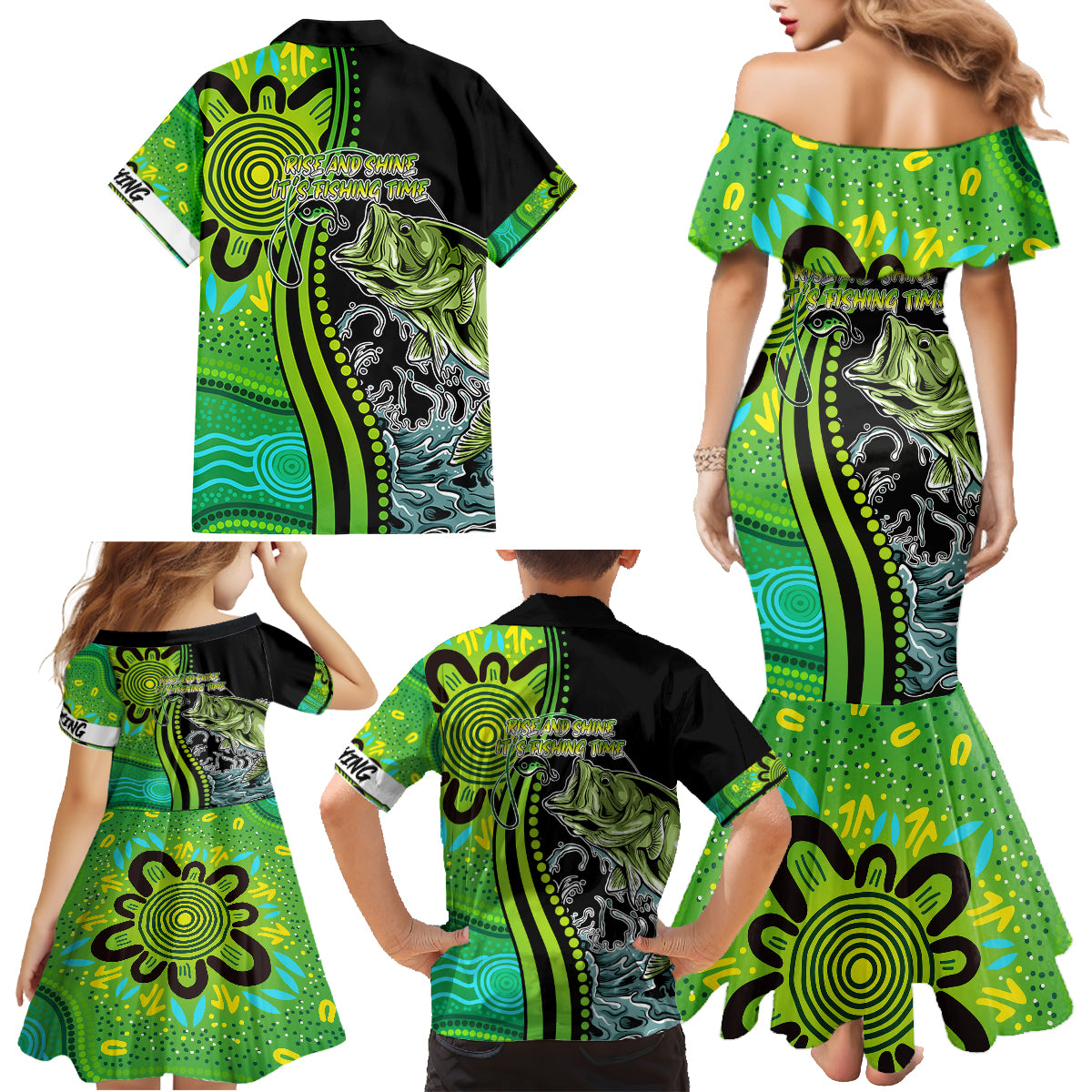 australia-fishing-family-matching-mermaid-dress-and-hawaiian-shirt-aboriginal-rise-and-shine-a-bass-fish-jumps-out-of-water-and-aboriginal-patterns-inspired