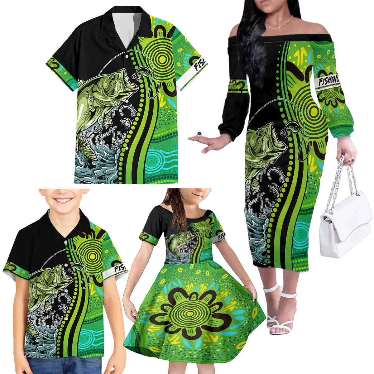 australia-fishing-family-matching-off-shoulder-long-sleeve-dress-and-hawaiian-shirt-aboriginal-rise-and-shine-a-bass-fish-jumps-out-of-water-and-aboriginal-patterns-inspired