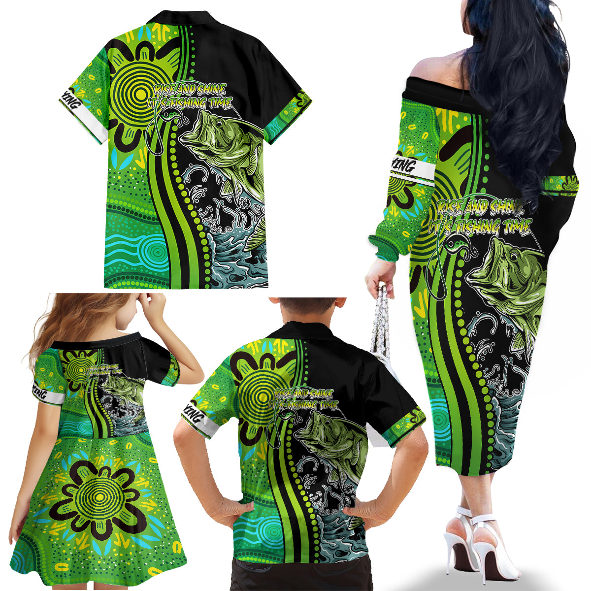 australia-fishing-family-matching-off-shoulder-long-sleeve-dress-and-hawaiian-shirt-aboriginal-rise-and-shine-a-bass-fish-jumps-out-of-water-and-aboriginal-patterns-inspired