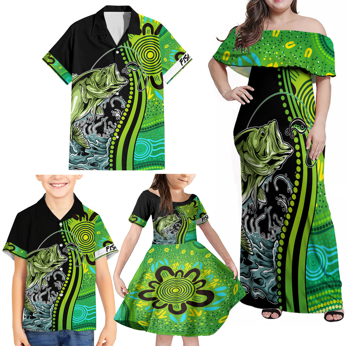 australia-fishing-family-matching-off-shoulder-maxi-dress-and-hawaiian-shirt-aboriginal-rise-and-shine-a-bass-fish-jumps-out-of-water-and-aboriginal-patterns-inspired