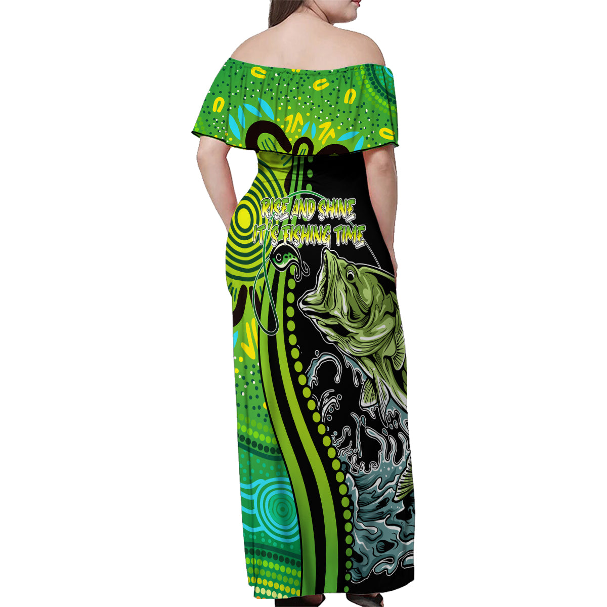 australia-fishing-family-matching-off-shoulder-maxi-dress-and-hawaiian-shirt-aboriginal-rise-and-shine-a-bass-fish-jumps-out-of-water-and-aboriginal-patterns-inspired