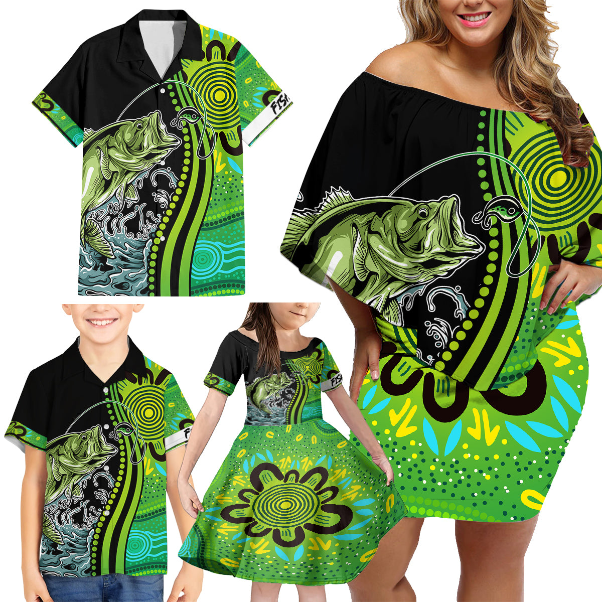 australia-fishing-family-matching-off-shoulder-short-dress-and-hawaiian-shirt-aboriginal-rise-and-shine-a-bass-fish-jumps-out-of-water-and-aboriginal-patterns-inspired