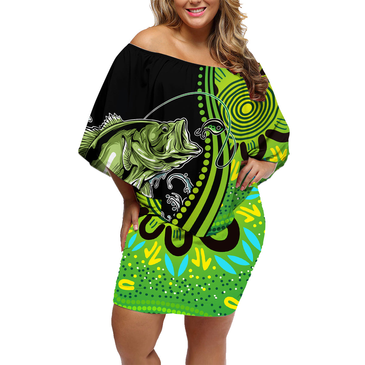 australia-fishing-family-matching-off-shoulder-short-dress-and-hawaiian-shirt-aboriginal-rise-and-shine-a-bass-fish-jumps-out-of-water-and-aboriginal-patterns-inspired