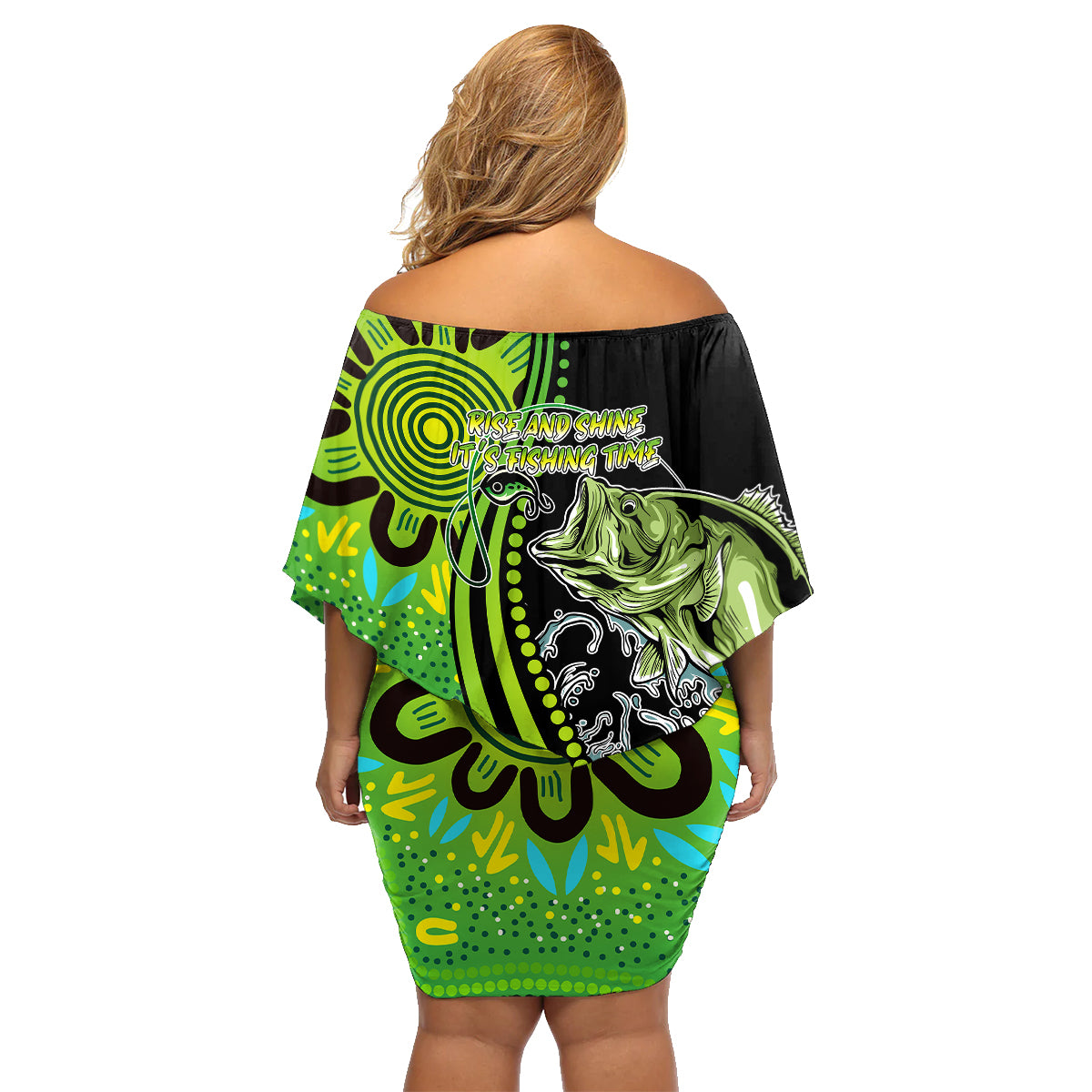 australia-fishing-family-matching-off-shoulder-short-dress-and-hawaiian-shirt-aboriginal-rise-and-shine-a-bass-fish-jumps-out-of-water-and-aboriginal-patterns-inspired