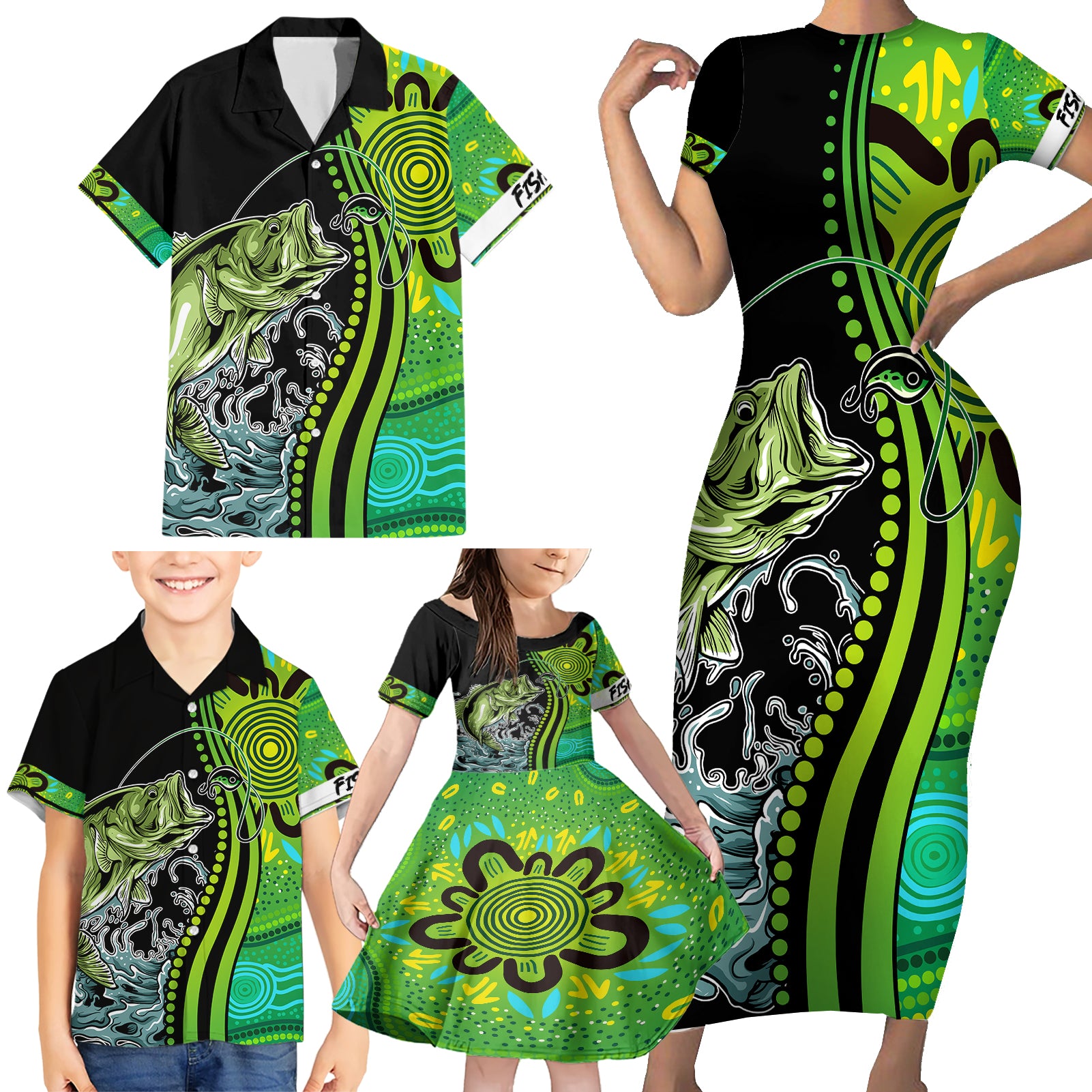 australia-fishing-family-matching-short-sleeve-bodycon-dress-and-hawaiian-shirt-aboriginal-rise-and-shine-a-bass-fish-jumps-out-of-water-and-aboriginal-patterns-inspired