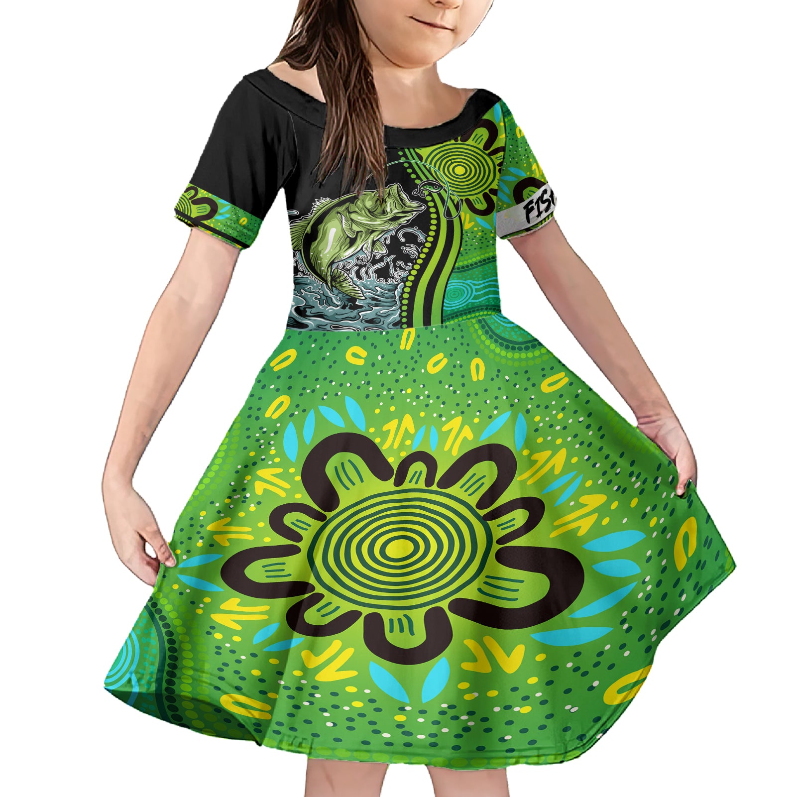 australia-fishing-family-matching-short-sleeve-bodycon-dress-and-hawaiian-shirt-aboriginal-rise-and-shine-a-bass-fish-jumps-out-of-water-and-aboriginal-patterns-inspired