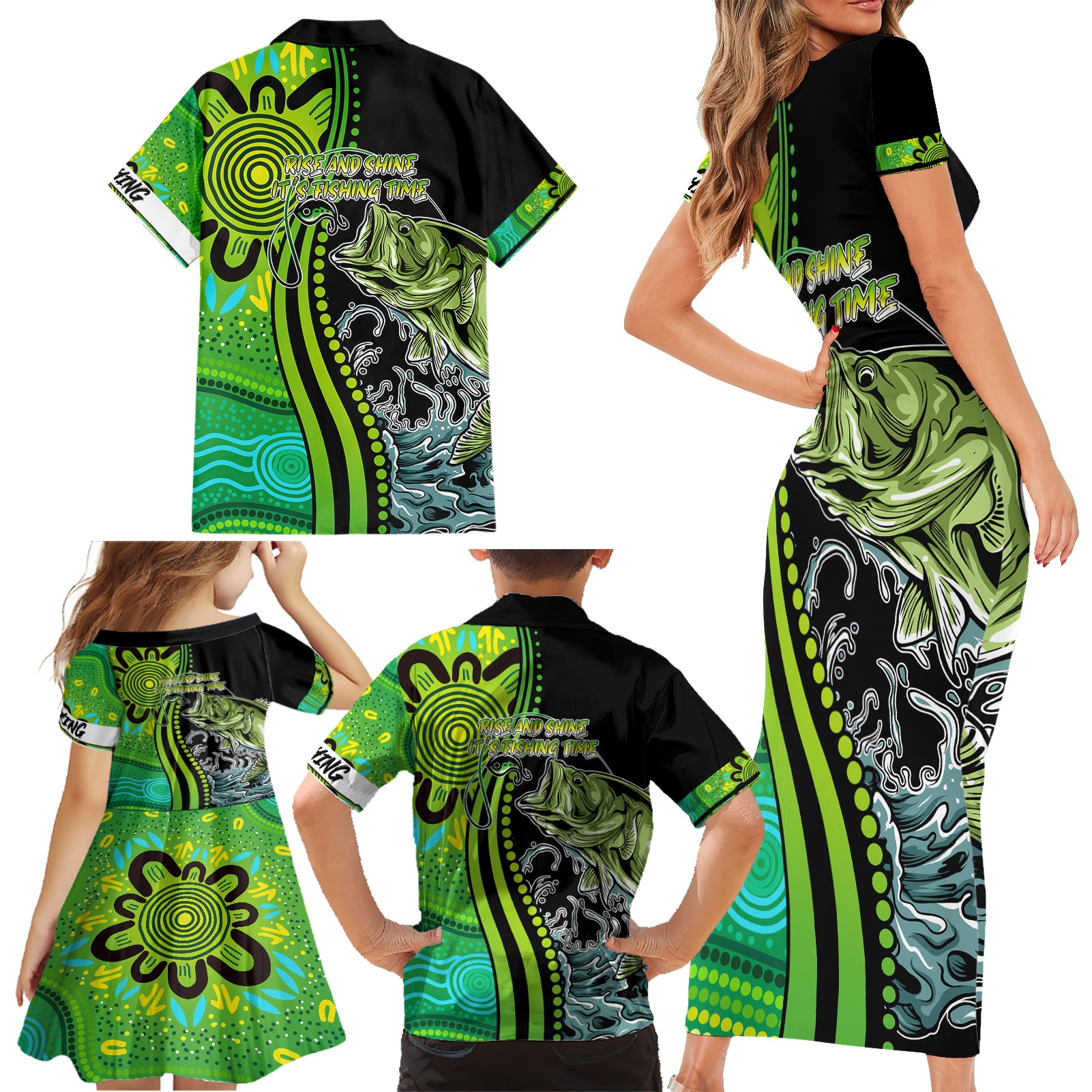 australia-fishing-family-matching-short-sleeve-bodycon-dress-and-hawaiian-shirt-aboriginal-rise-and-shine-a-bass-fish-jumps-out-of-water-and-aboriginal-patterns-inspired