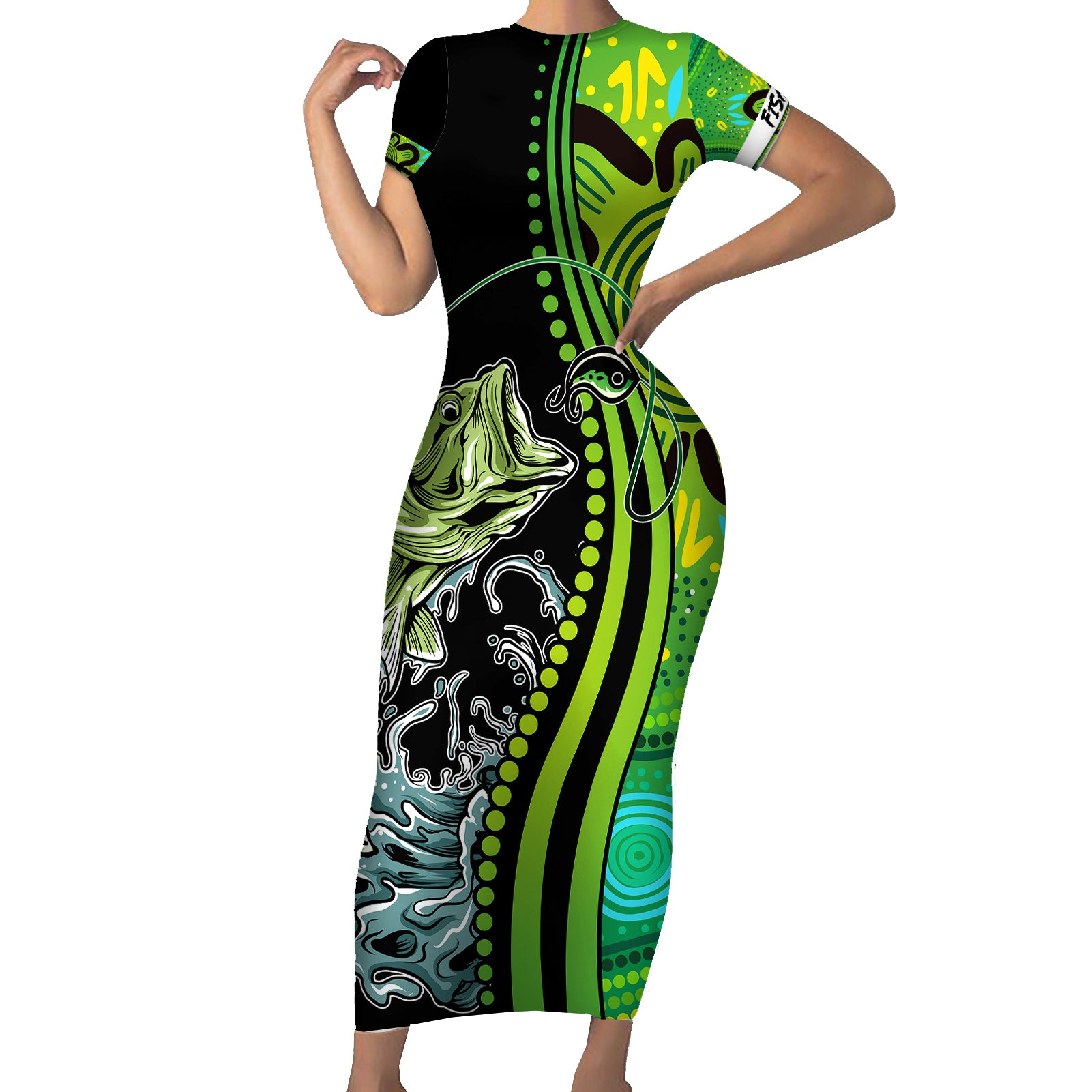 australia-fishing-family-matching-short-sleeve-bodycon-dress-and-hawaiian-shirt-aboriginal-rise-and-shine-a-bass-fish-jumps-out-of-water-and-aboriginal-patterns-inspired