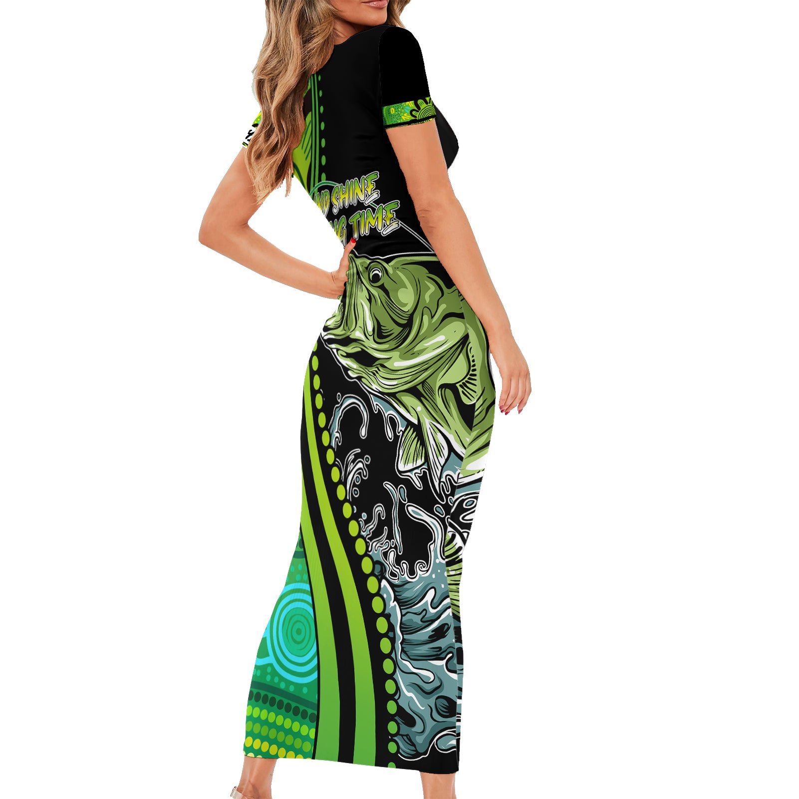 australia-fishing-family-matching-short-sleeve-bodycon-dress-and-hawaiian-shirt-aboriginal-rise-and-shine-a-bass-fish-jumps-out-of-water-and-aboriginal-patterns-inspired