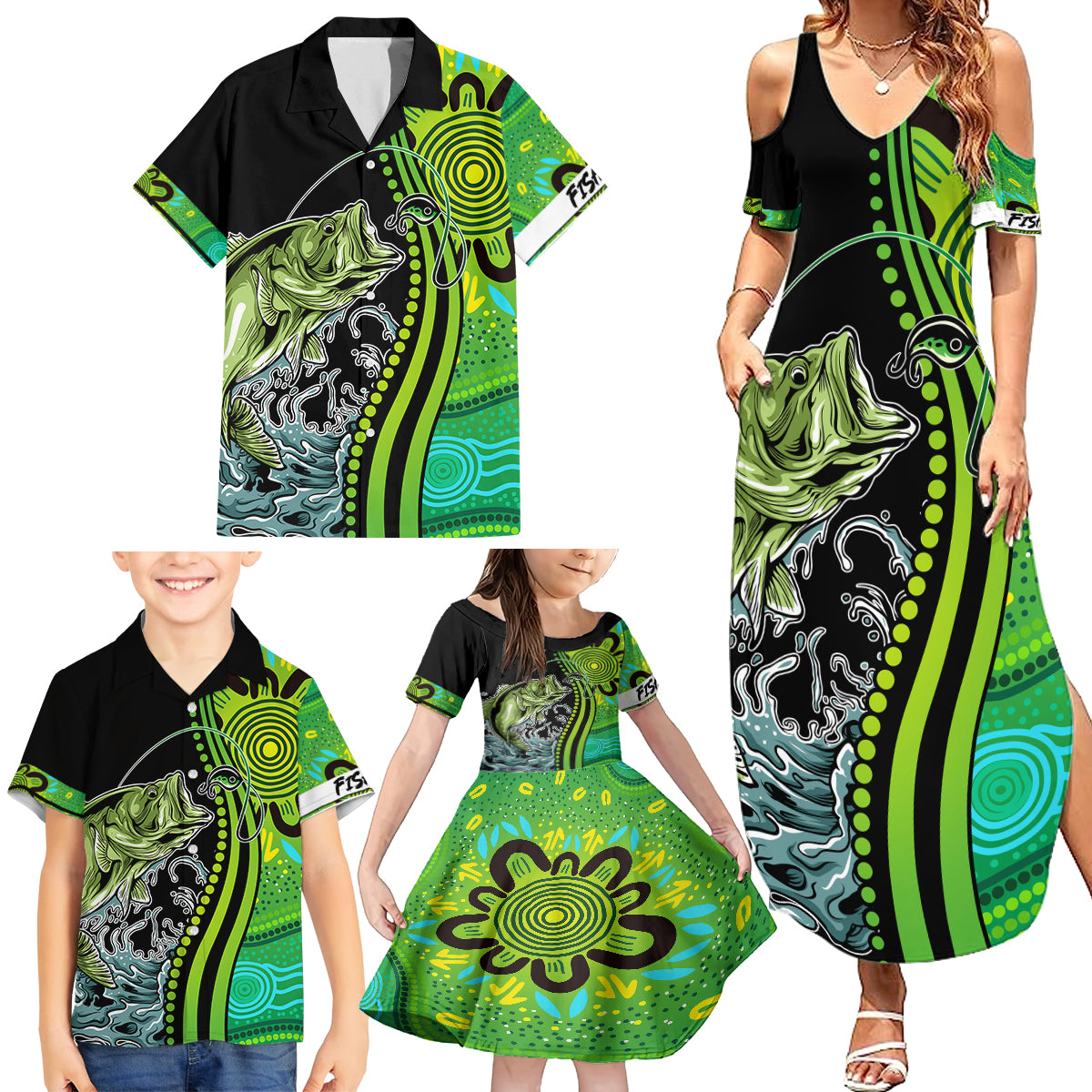 australia-fishing-family-matching-summer-maxi-dress-and-hawaiian-shirt-aboriginal-rise-and-shine-a-bass-fish-jumps-out-of-water-and-aboriginal-patterns-inspired