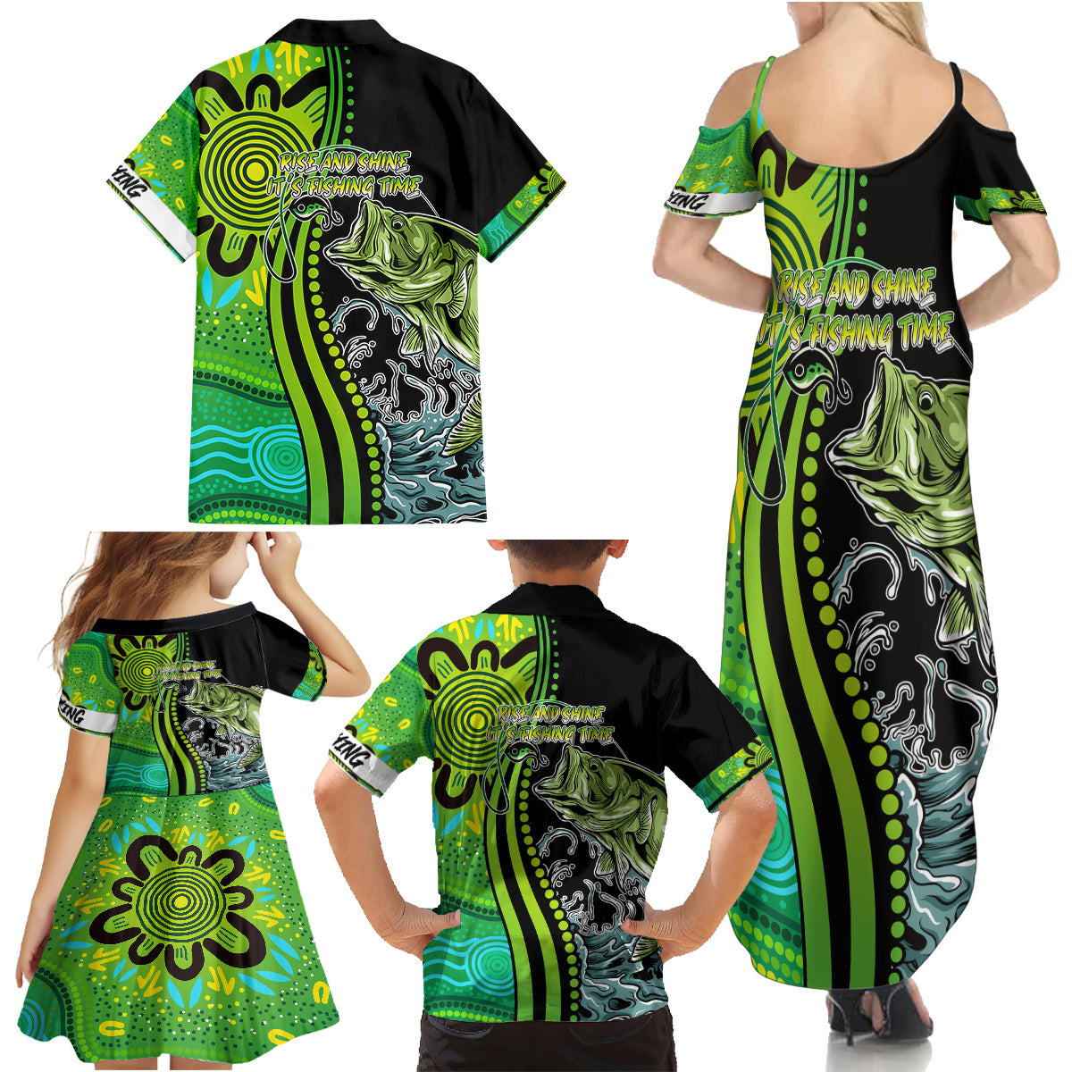 australia-fishing-family-matching-summer-maxi-dress-and-hawaiian-shirt-aboriginal-rise-and-shine-a-bass-fish-jumps-out-of-water-and-aboriginal-patterns-inspired