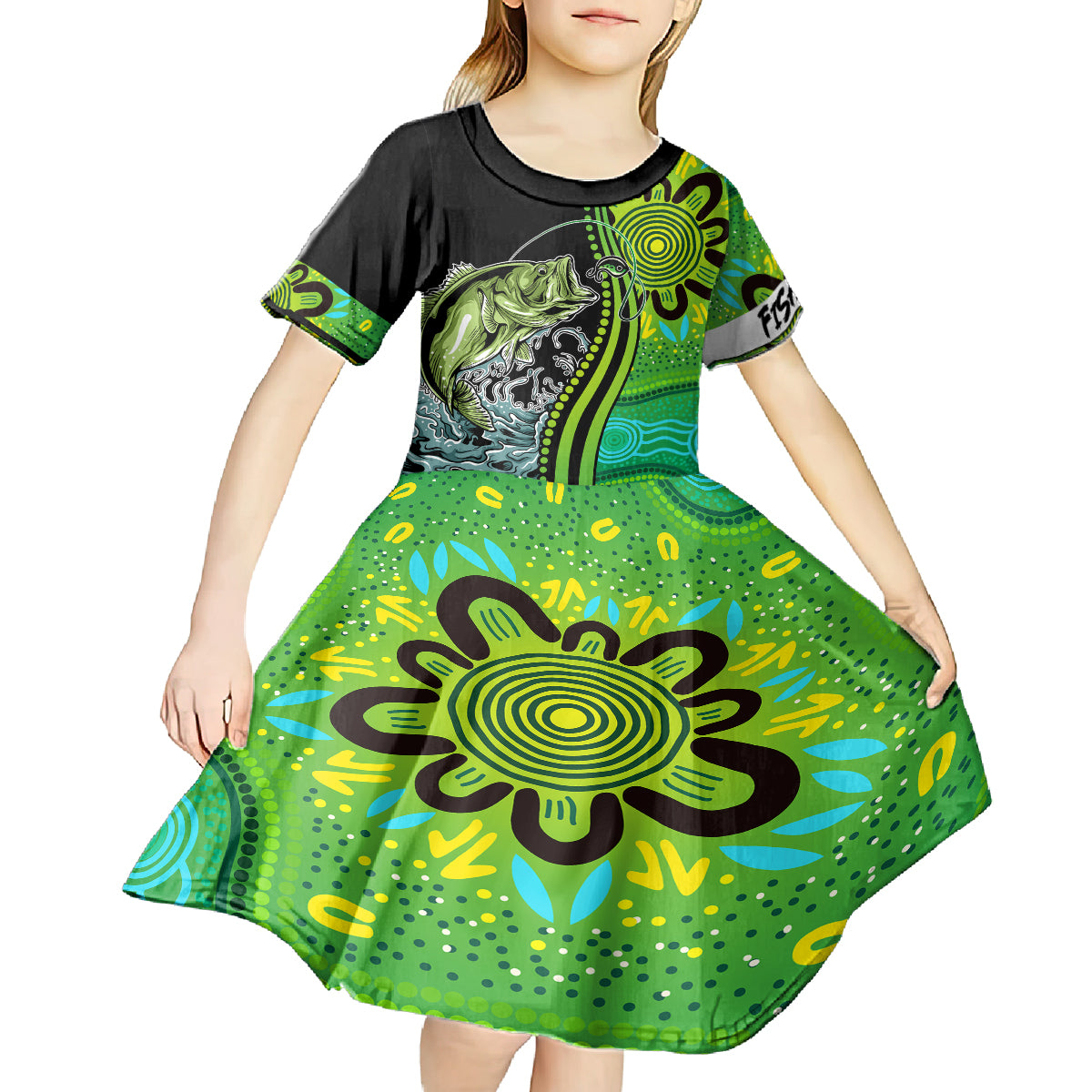 Australia Fishing Kid Short Sleeve Dress Aboriginal Rise And Shine A Bass Fish Jumps Out Of Water And Aboriginal Patterns Inspired - Vibe Hoodie Shop