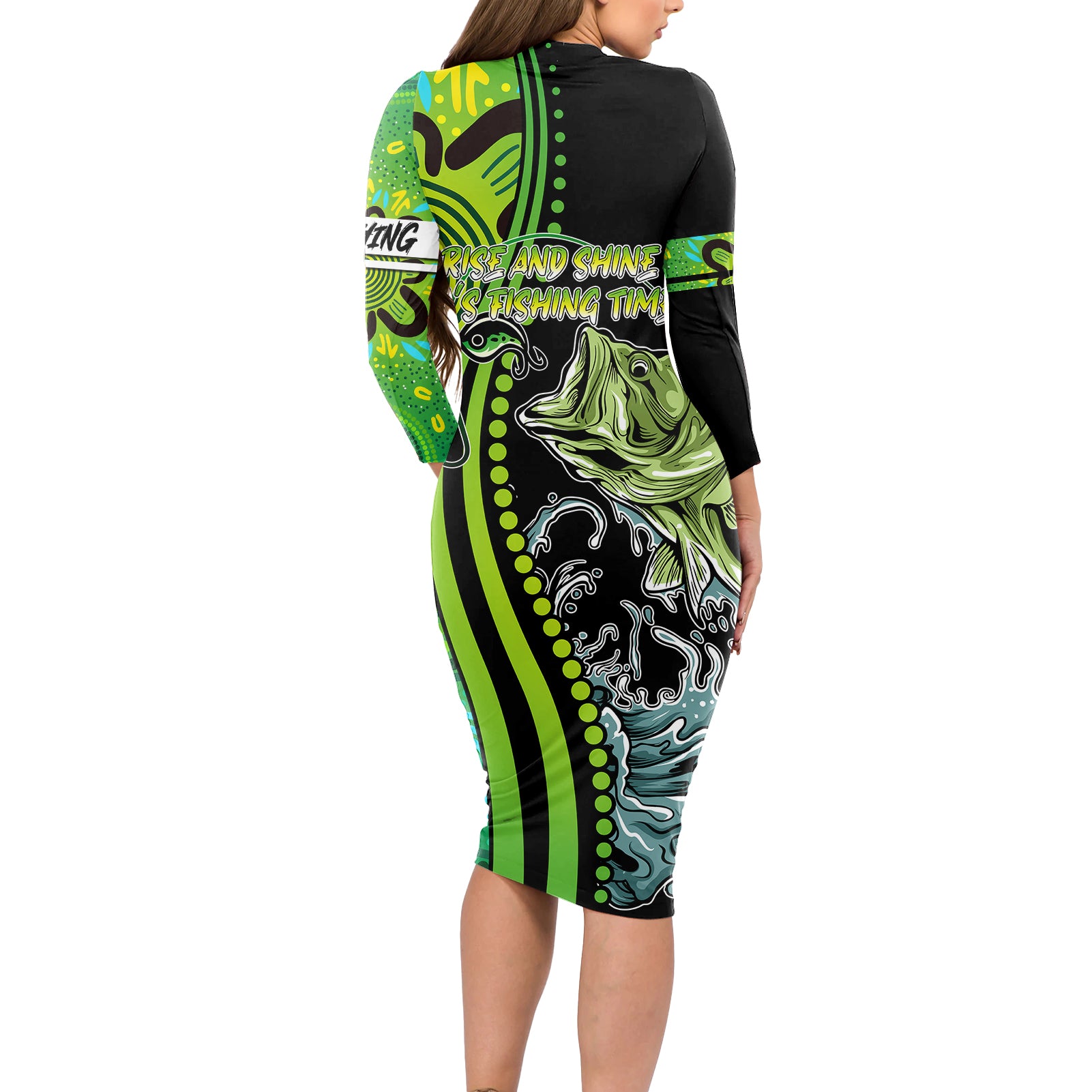 australia-fishing-long-sleeve-bodycon-dress-aboriginal-rise-and-shine-a-bass-fish-jumps-out-of-water-and-aboriginal-patterns-inspired