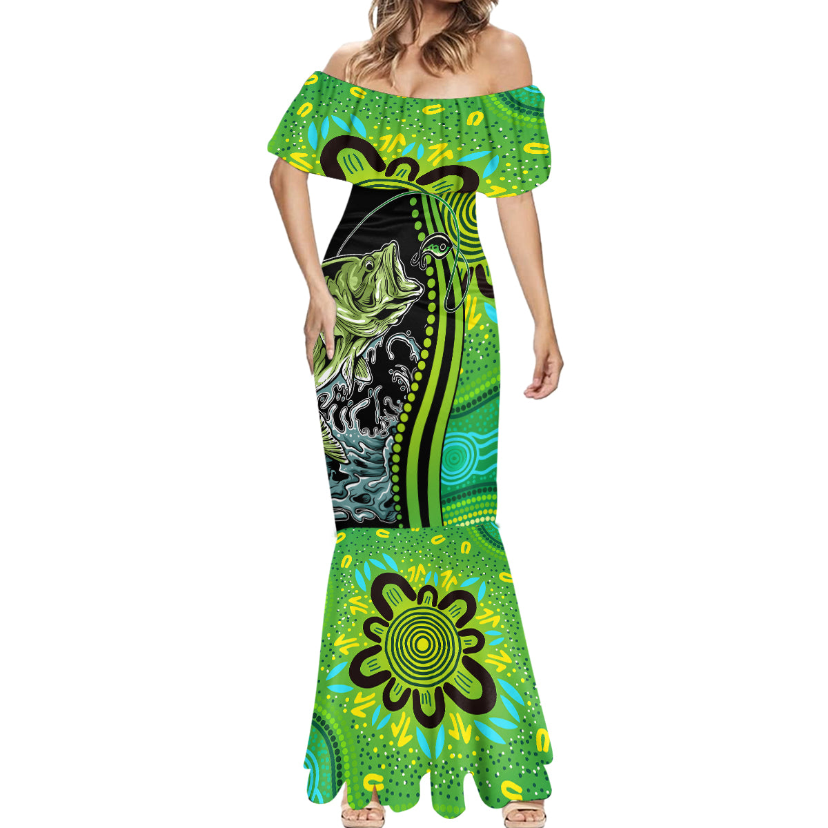 australia-fishing-mermaid-dress-aboriginal-rise-and-shine-a-bass-fish-jumps-out-of-water-and-aboriginal-patterns-inspired