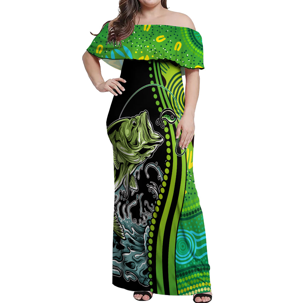 australia-fishing-off-shoulder-maxi-dress-aboriginal-rise-and-shine-a-bass-fish-jumps-out-of-water-and-aboriginal-patterns-inspired