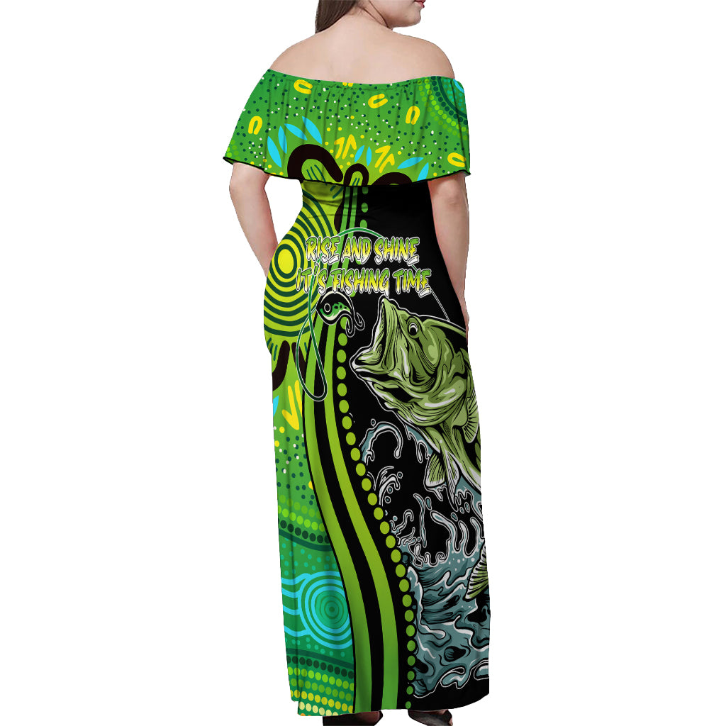 australia-fishing-off-shoulder-maxi-dress-aboriginal-rise-and-shine-a-bass-fish-jumps-out-of-water-and-aboriginal-patterns-inspired