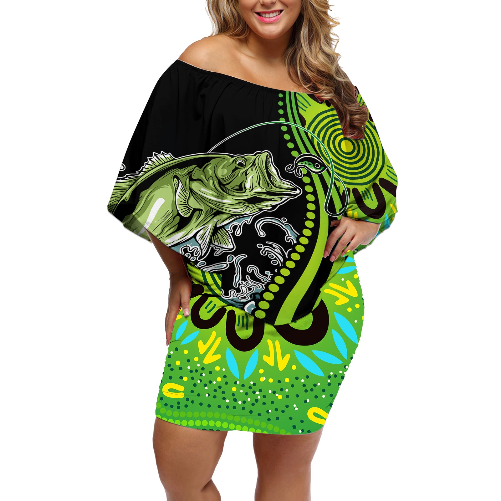 australia-fishing-off-shoulder-short-dress-aboriginal-rise-and-shine-a-bass-fish-jumps-out-of-water-and-aboriginal-patterns-inspired