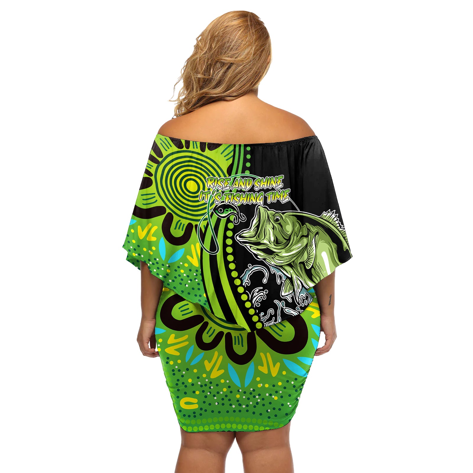 australia-fishing-off-shoulder-short-dress-aboriginal-rise-and-shine-a-bass-fish-jumps-out-of-water-and-aboriginal-patterns-inspired