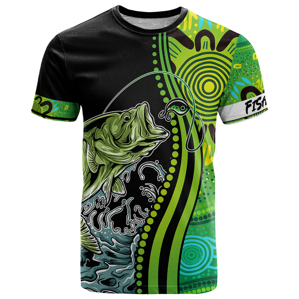 Australia Fishing T Shirt Aboriginal Rise And Shine A Bass Fish Jumps Out Of Water And Aboriginal Patterns Inspired - Vibe Hoodie Shop