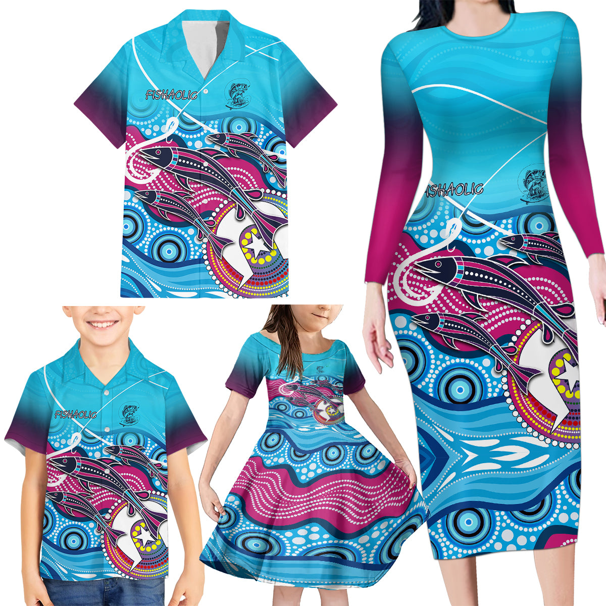 australia-fishing-family-matching-long-sleeve-bodycon-dress-and-hawaiian-shirt-fishaholic-with-the-dhari-symbol-and-aboriginal-pattern