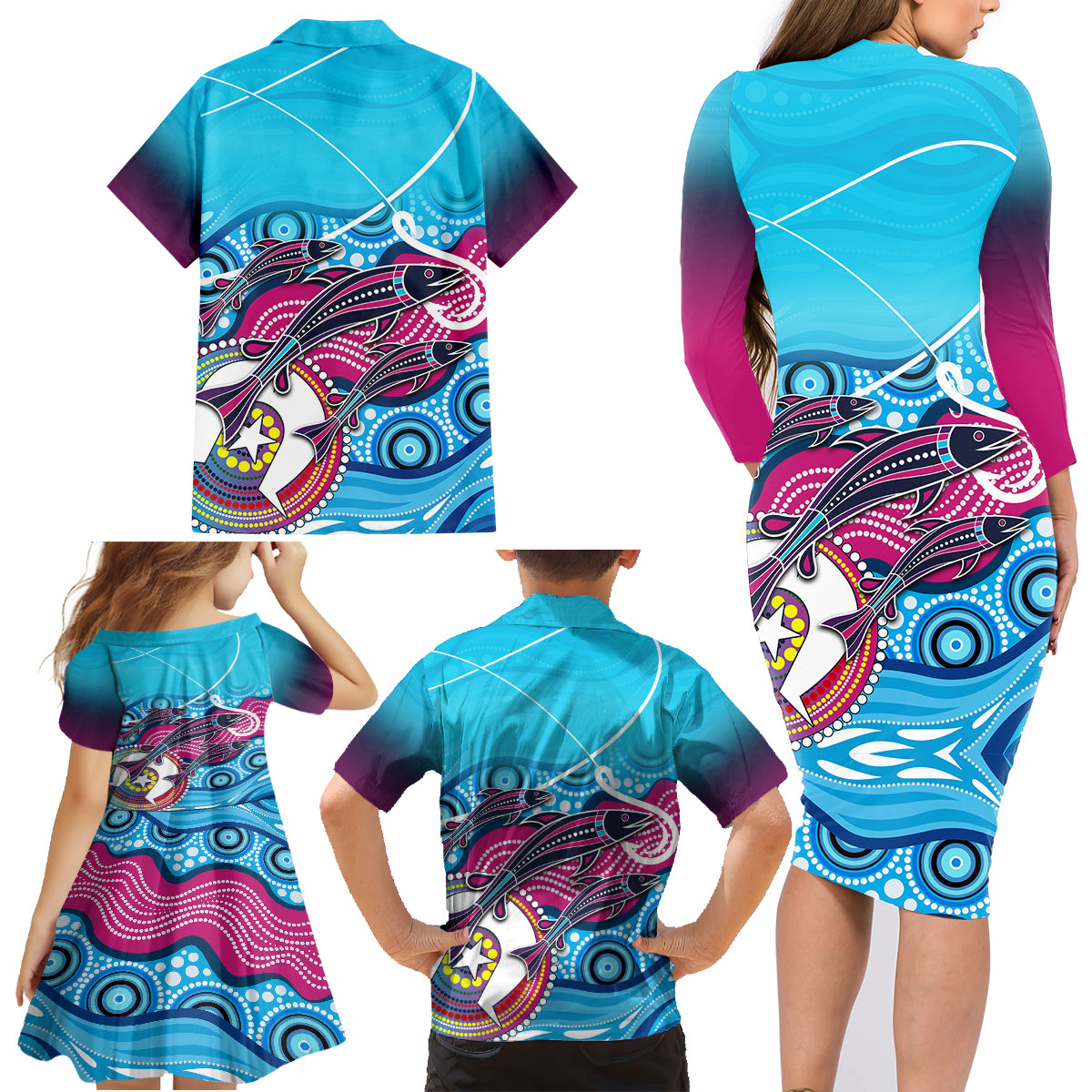 australia-fishing-family-matching-long-sleeve-bodycon-dress-and-hawaiian-shirt-fishaholic-with-the-dhari-symbol-and-aboriginal-pattern