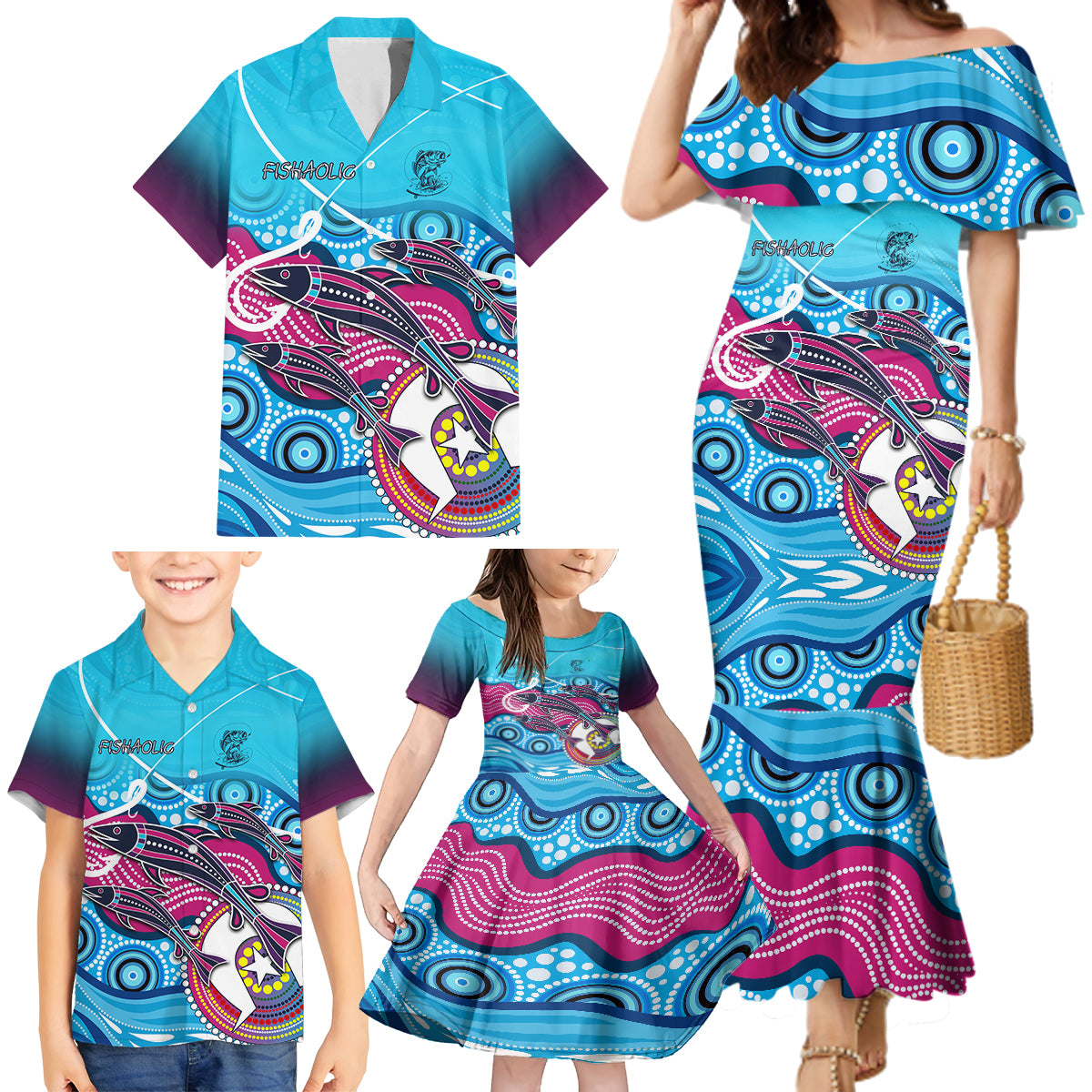 australia-fishing-family-matching-mermaid-dress-and-hawaiian-shirt-fishaholic-with-the-dhari-symbol-and-aboriginal-pattern